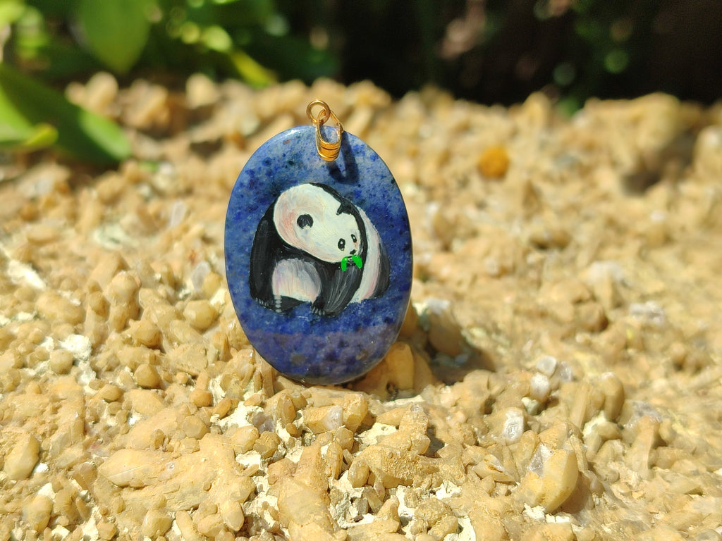 Polished Dumortierite Pendants with Hand Painted Panda- sold per item - From Mozambique - Toprock Gemstones and Minerals 