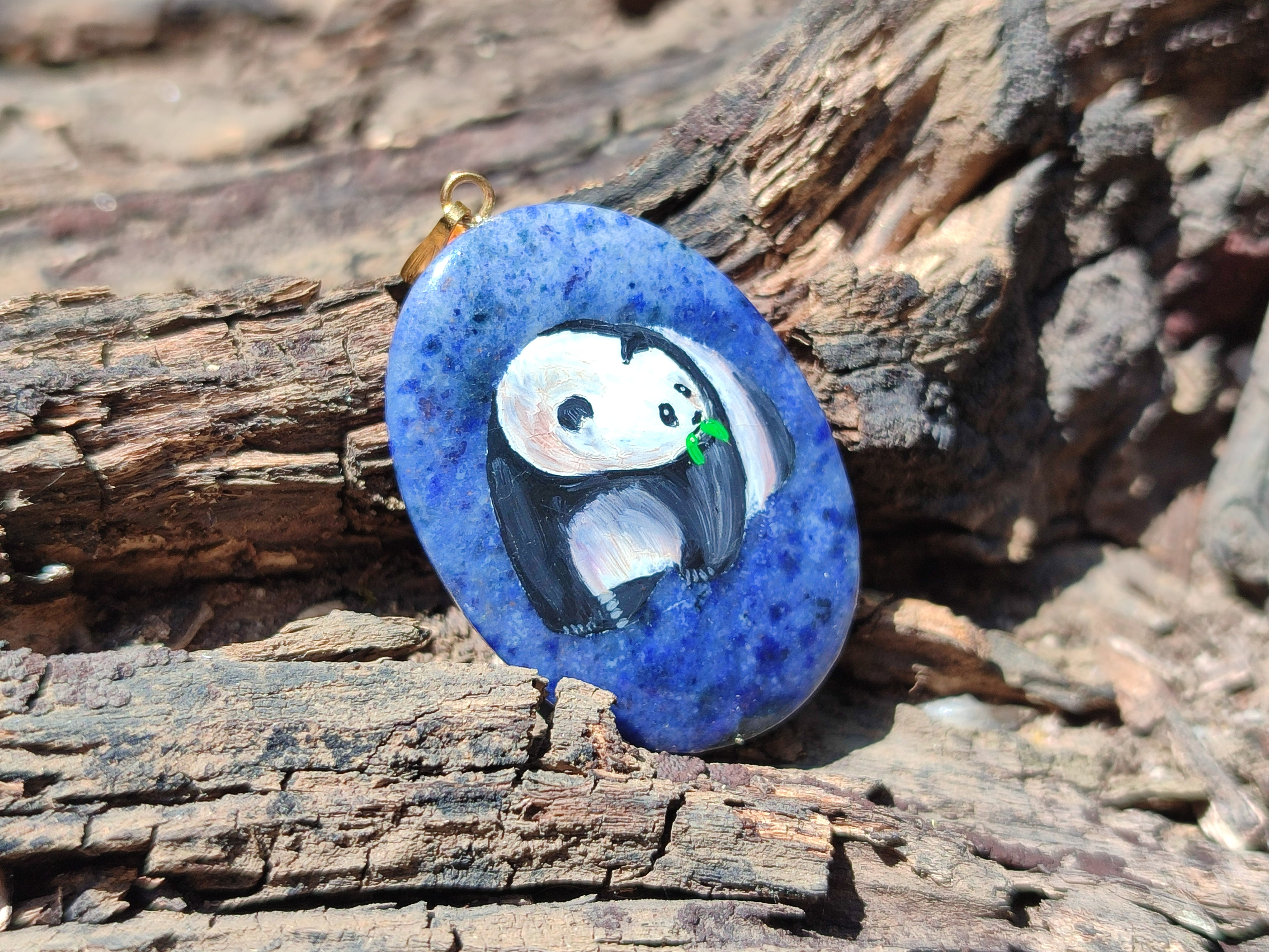 Polished Dumortierite Pendants with Hand Painted Panda- sold per item - From Mozambique - Toprock Gemstones and Minerals 