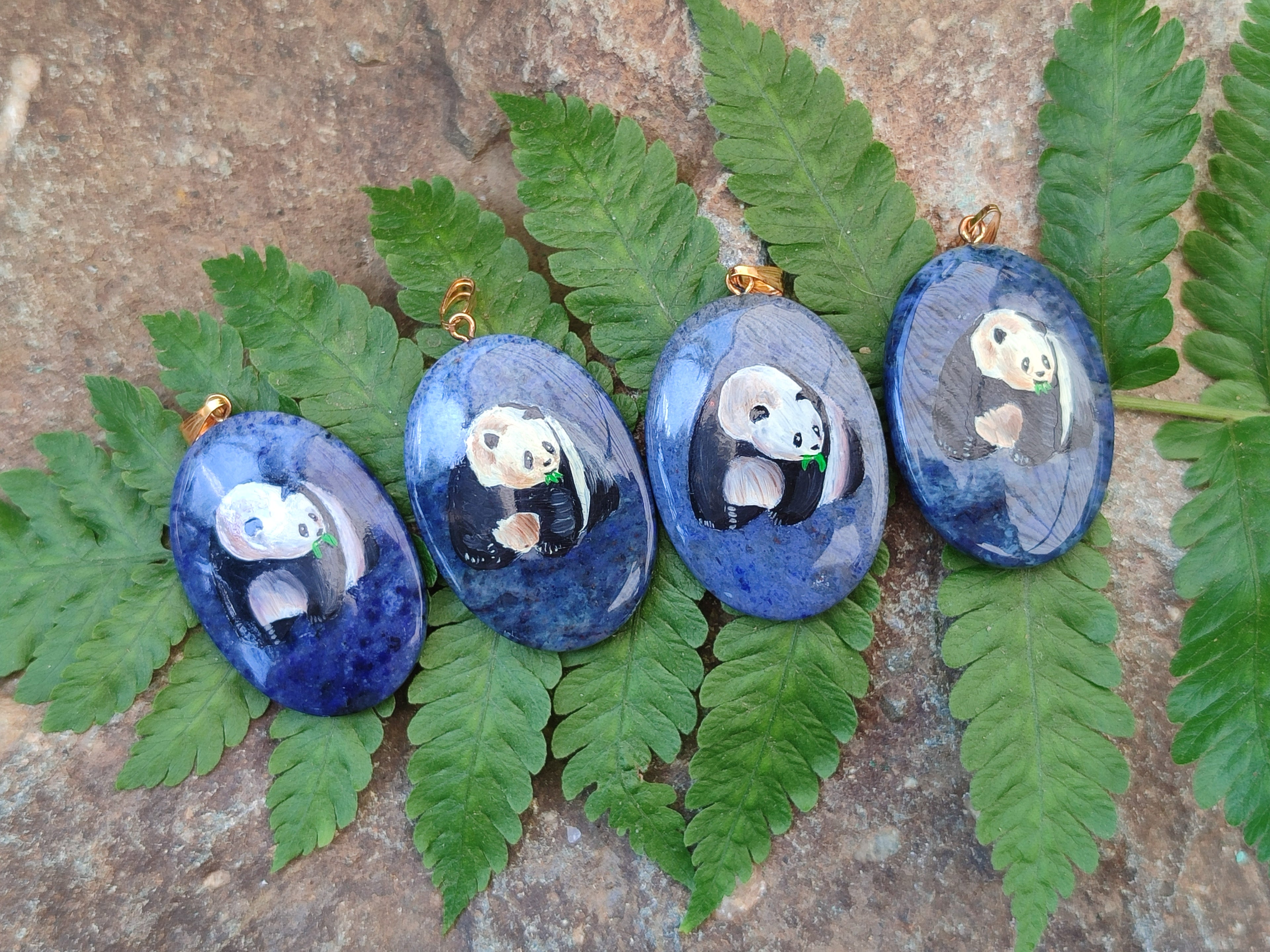 Polished Dumortierite Pendants with Hand Painted Panda- sold per item - From Mozambique - Toprock Gemstones and Minerals 