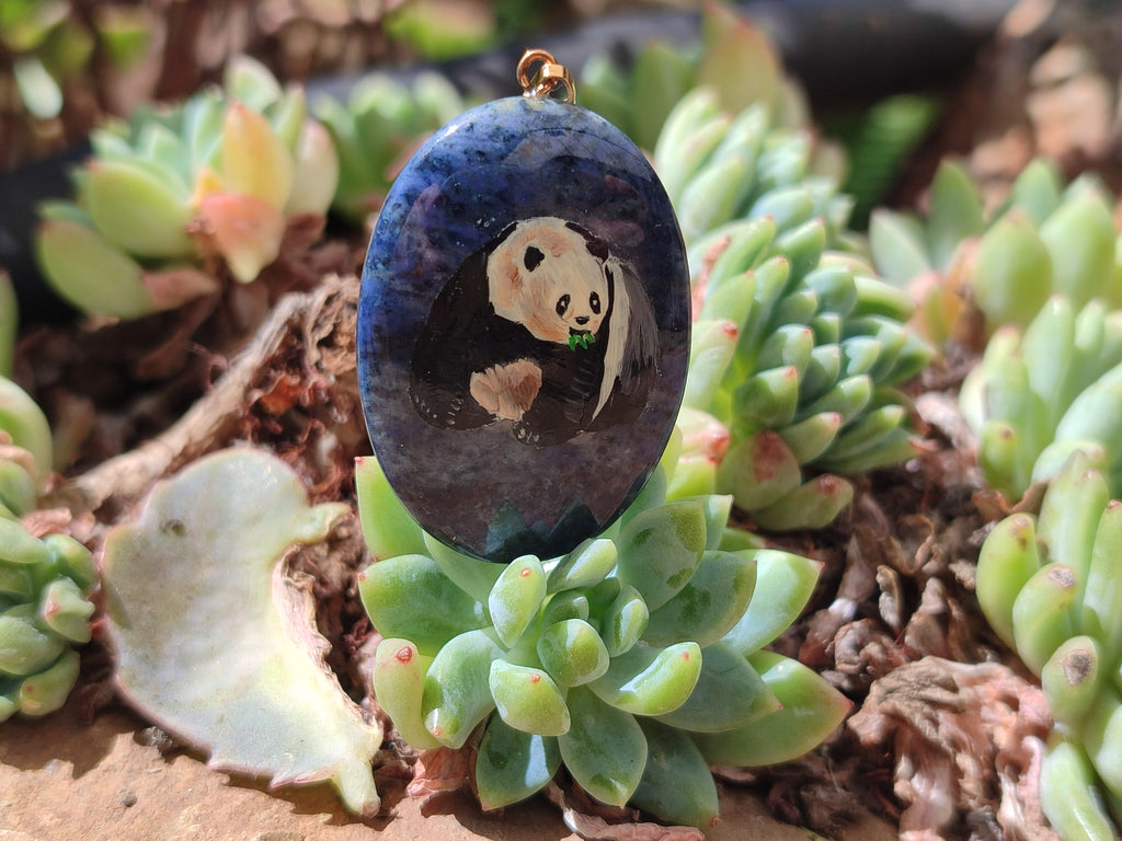 Polished Dumortierite Pendants with Hand Painted Panda- sold per item - From Mozambique - Toprock Gemstones and Minerals 