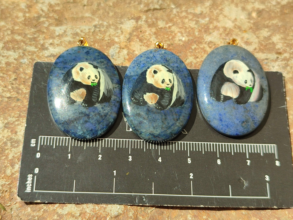 Polished Dumortierite Pendants with Hand Painted Panda- sold per item - From Mozambique - Toprock Gemstones and Minerals 