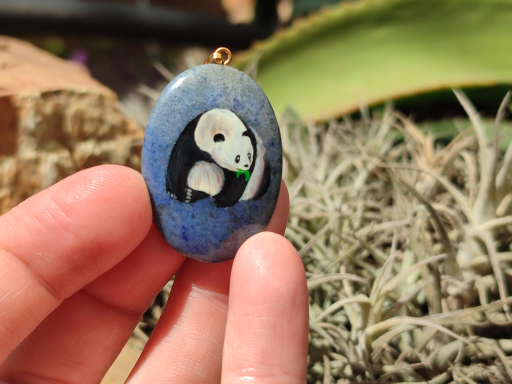 Polished Dumortierite Pendants with Hand Painted Panda- sold per item - From Mozambique - Toprock Gemstones and Minerals 