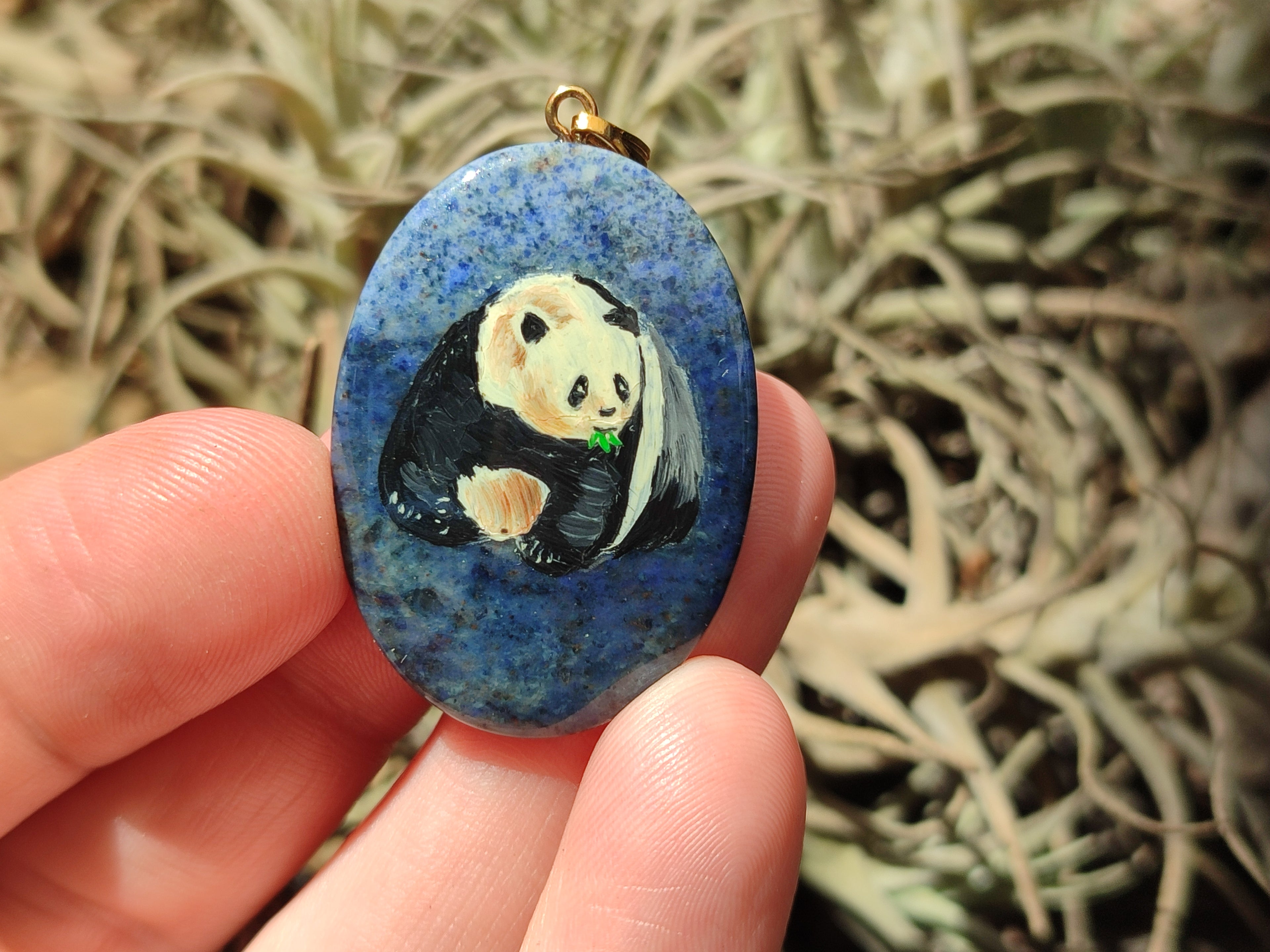 Polished Dumortierite Pendants with Hand Painted Panda- sold per item - From Mozambique - Toprock Gemstones and Minerals 