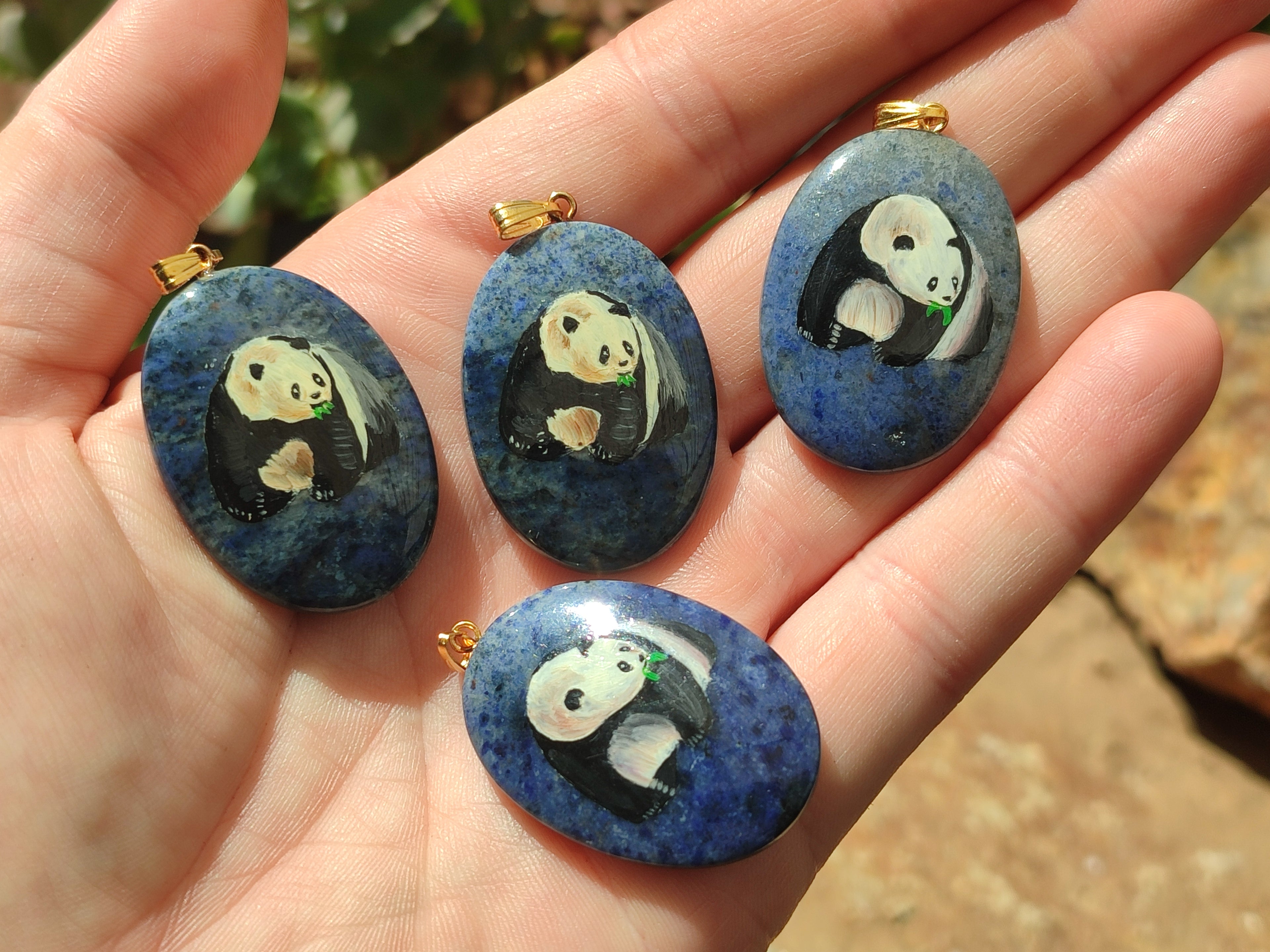 Polished Dumortierite Pendants with Hand Painted Panda- sold per item - From Mozambique - Toprock Gemstones and Minerals 