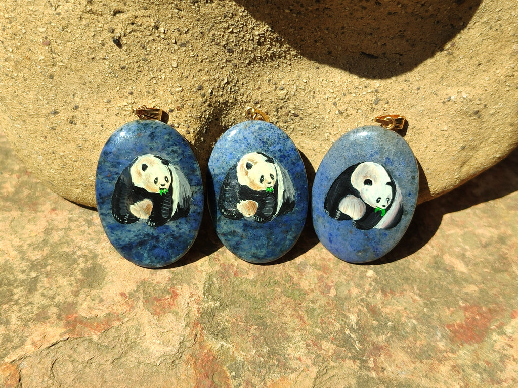 Polished Dumortierite Pendants with Hand Painted Panda- sold per item - From Mozambique - Toprock Gemstones and Minerals 