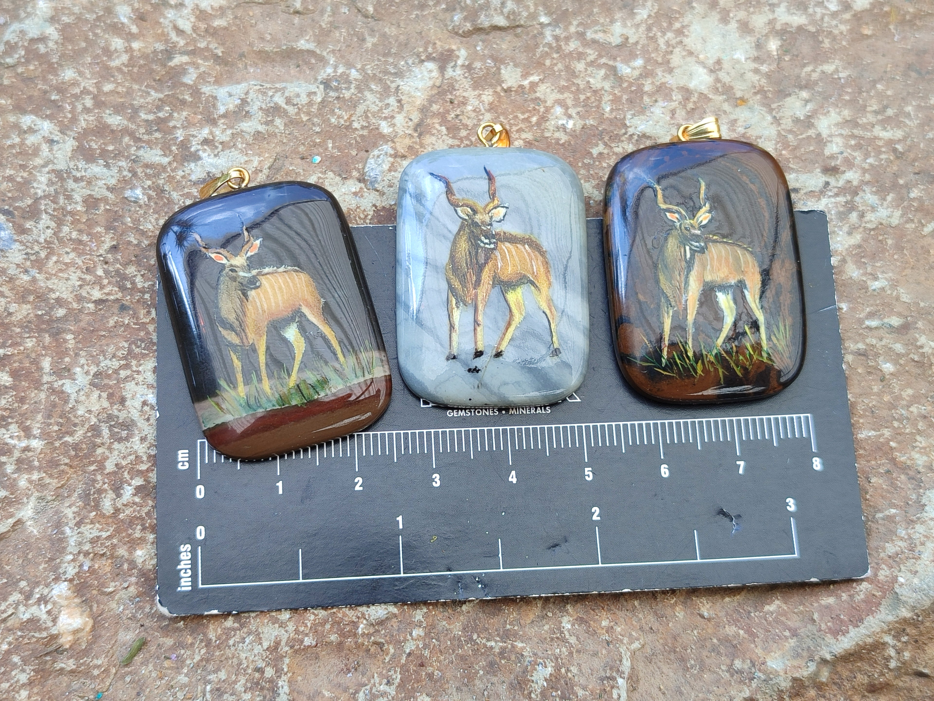 Polished Polychrome Jasper Pendant with Hand Painted Kudu - sold per item - From Madagascar - Toprock Gemstones and Minerals 