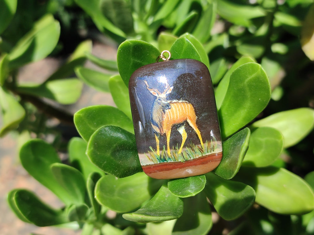 Polished Polychrome Jasper Pendant with Hand Painted Kudu - sold per item - From Madagascar - Toprock Gemstones and Minerals 