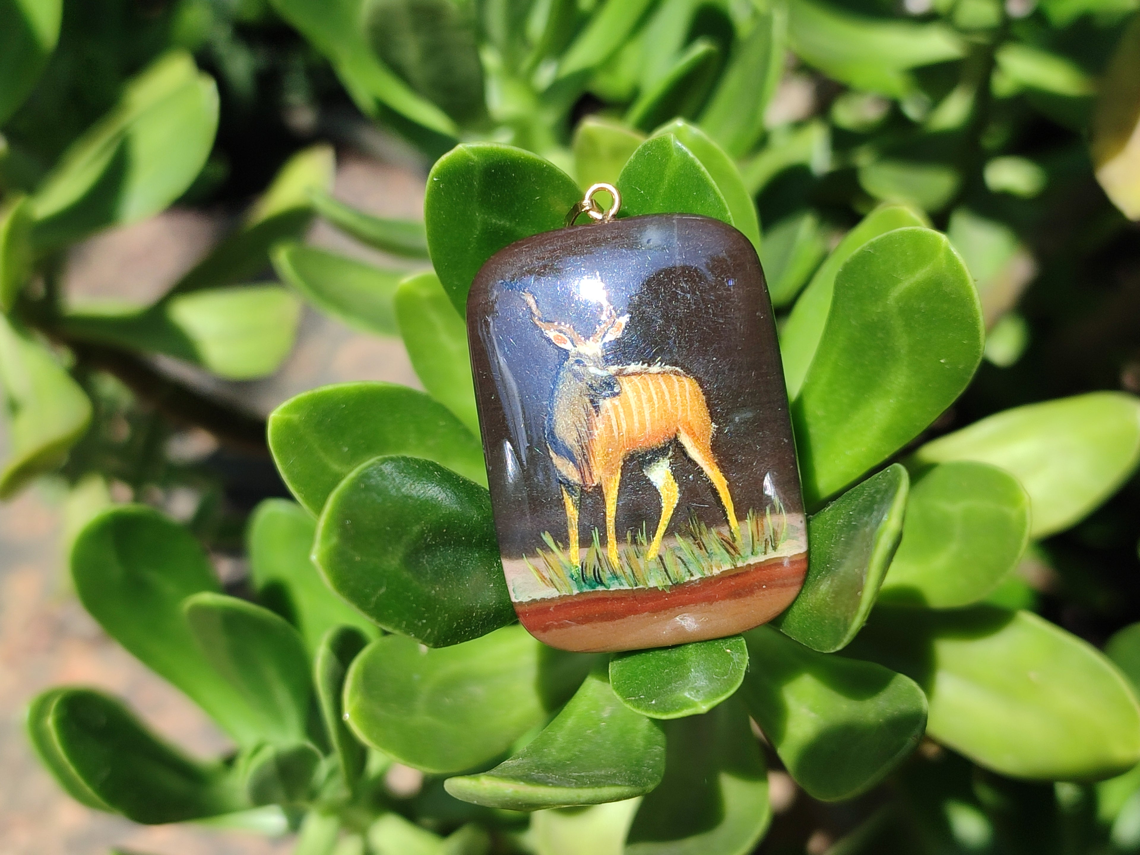 Polished Polychrome Jasper Pendant with Hand Painted Kudu - sold per item - From Madagascar - Toprock Gemstones and Minerals 