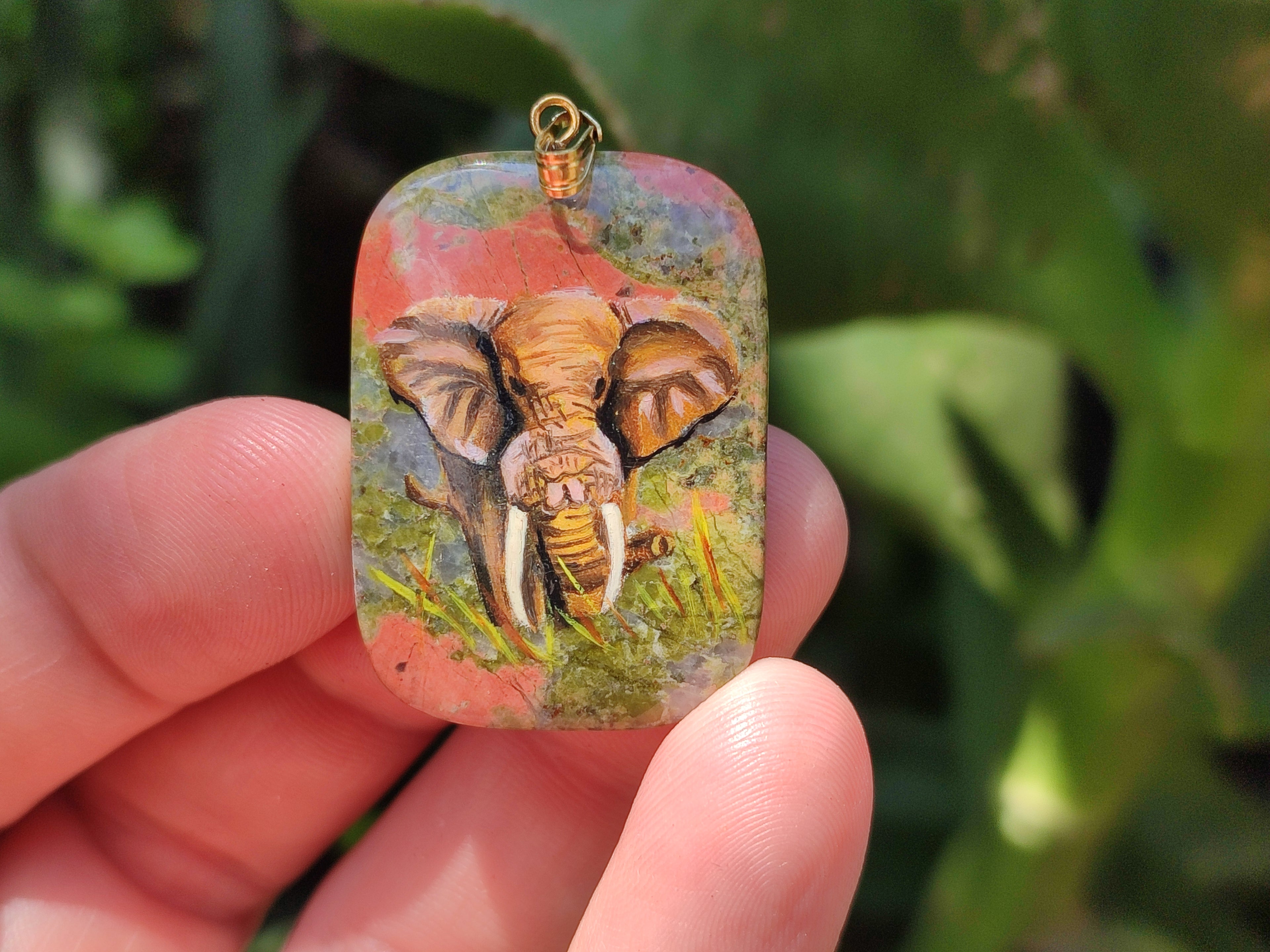 Polished Unakite Pendant with Hand Painted Elephant - Sold Per Item - From South Africa - Toprock Gemstones and Minerals 