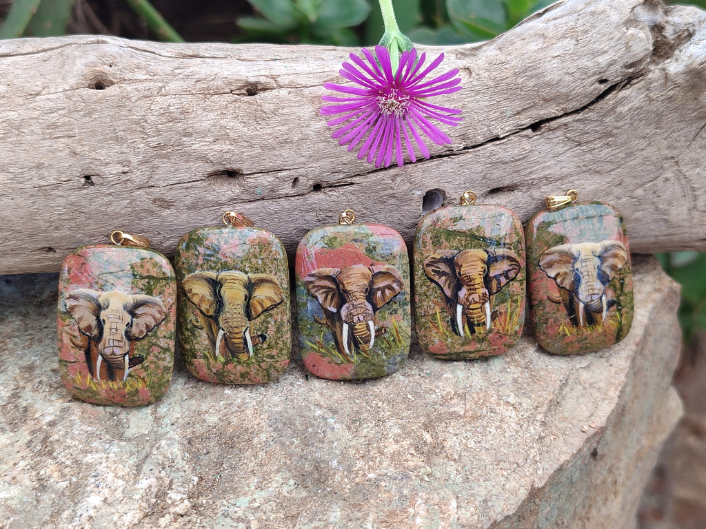 Polished Unakite Pendant with Hand Painted Elephant - Sold Per Item - From South Africa - Toprock Gemstones and Minerals 