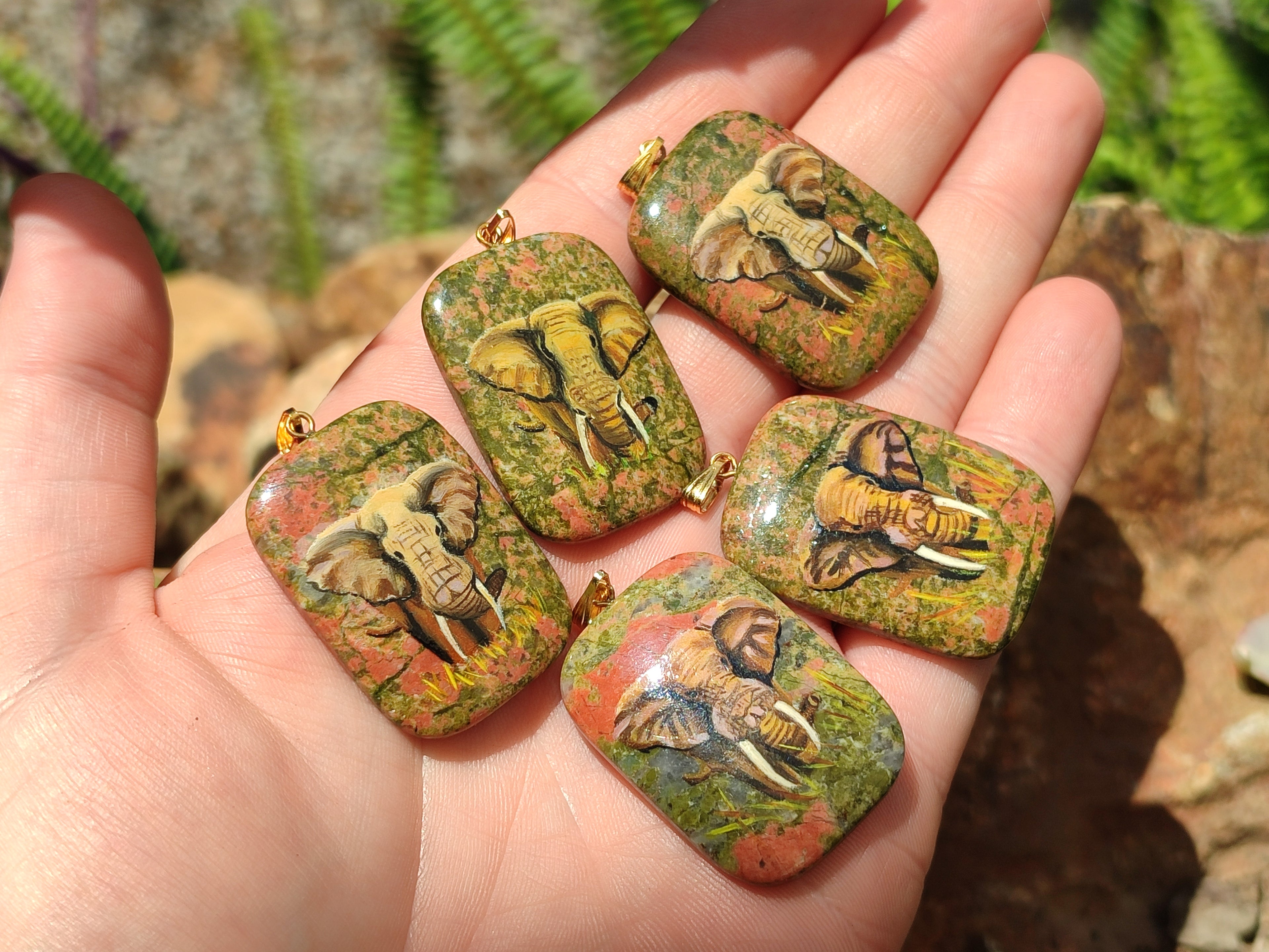 Polished Unakite Pendant with Hand Painted Elephant - Sold Per Item - From South Africa - Toprock Gemstones and Minerals 