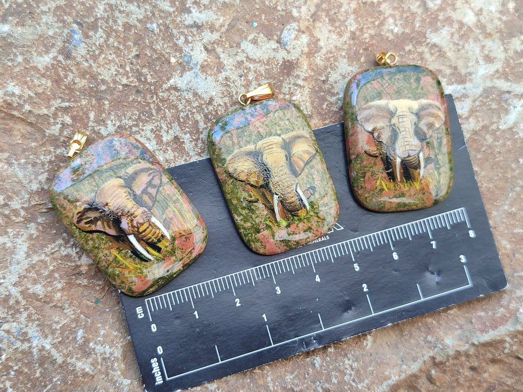 Polished Unakite Pendant with Hand Painted Elephant - Sold Per Item - From South Africa - Toprock Gemstones and Minerals 