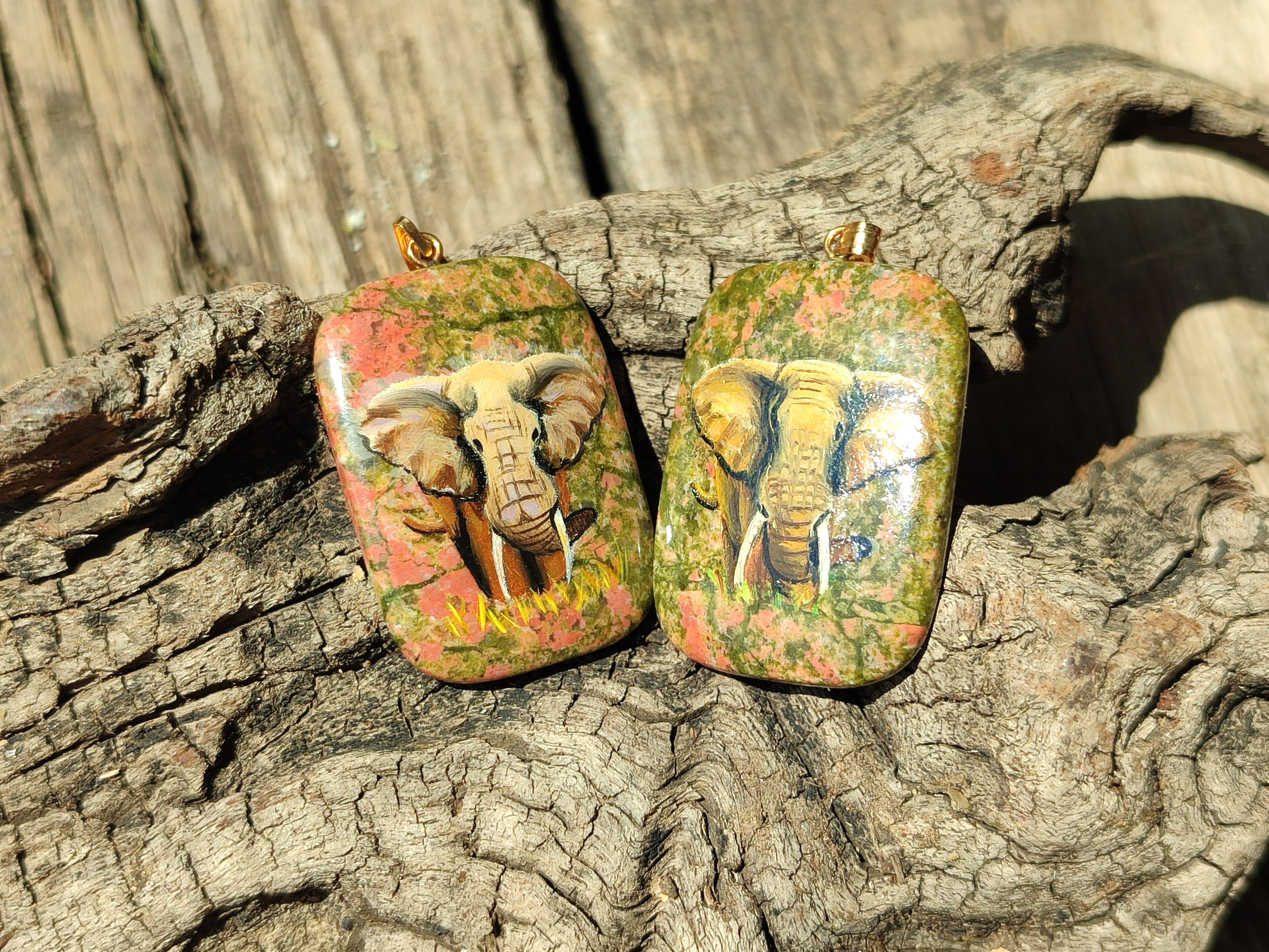 Polished Unakite Pendant with Hand Painted Elephant - Sold Per Item - From South Africa - Toprock Gemstones and Minerals 
