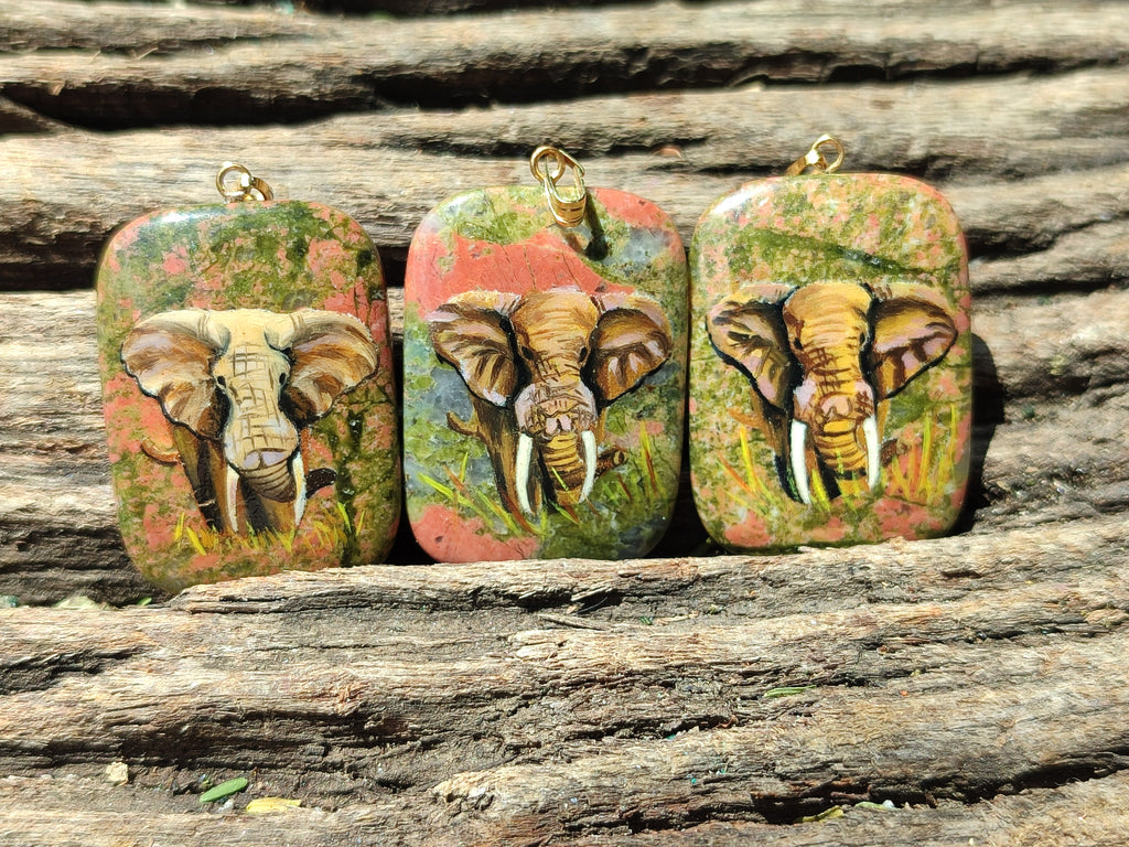 Polished Unakite Pendant with Hand Painted Elephant - Sold Per Item - From South Africa - Toprock Gemstones and Minerals 