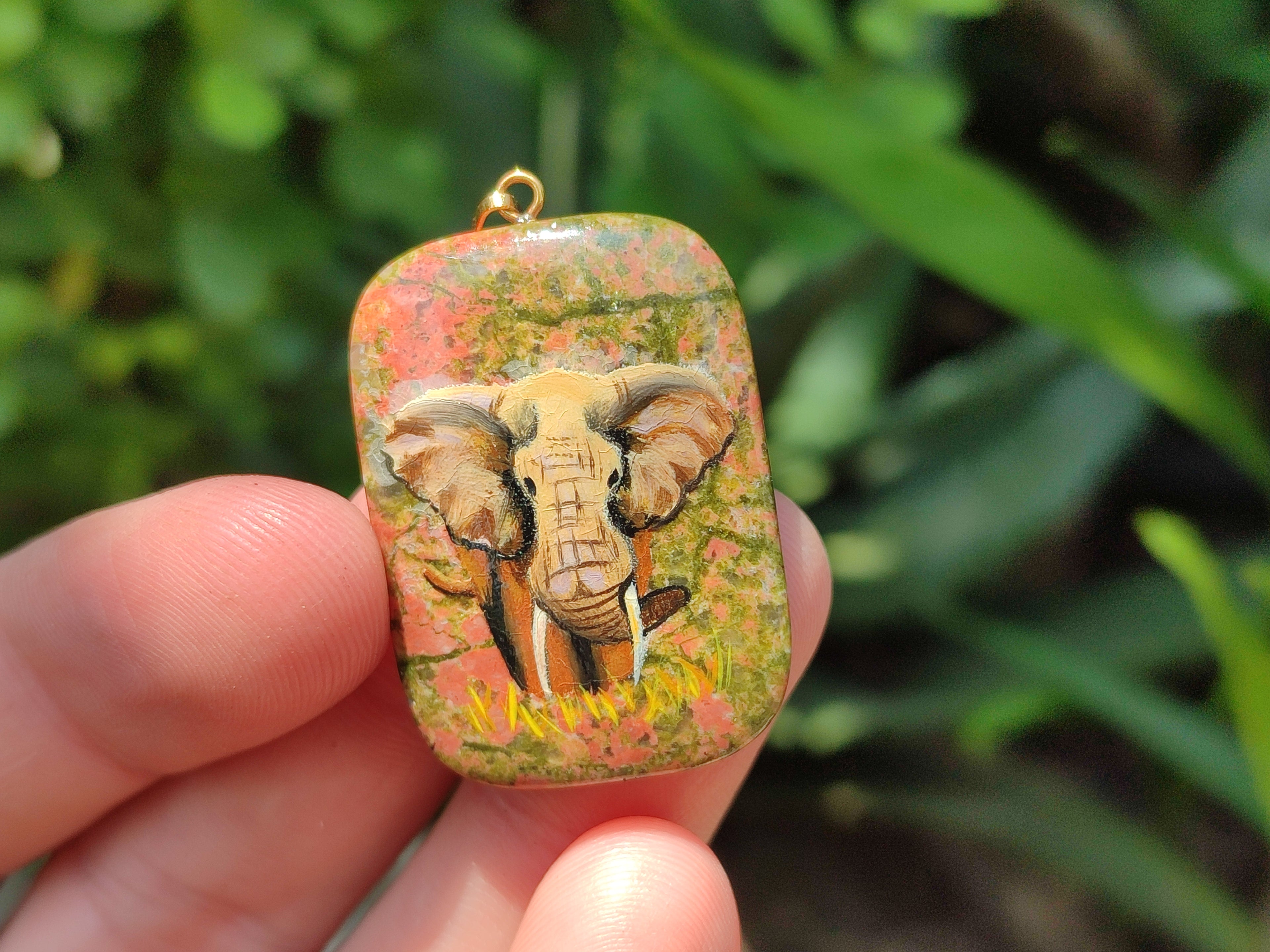 Polished Unakite Pendant with Hand Painted Elephant - Sold Per Item - From South Africa - Toprock Gemstones and Minerals 
