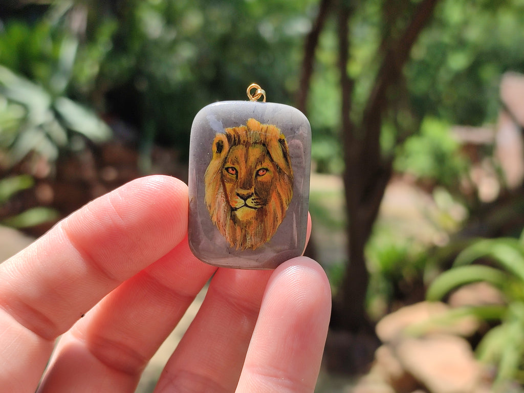 Polished Polychrome Jasper Pendant with Hand Painted Lion - sold per item - From Madagascar - Toprock Gemstones and Minerals 
