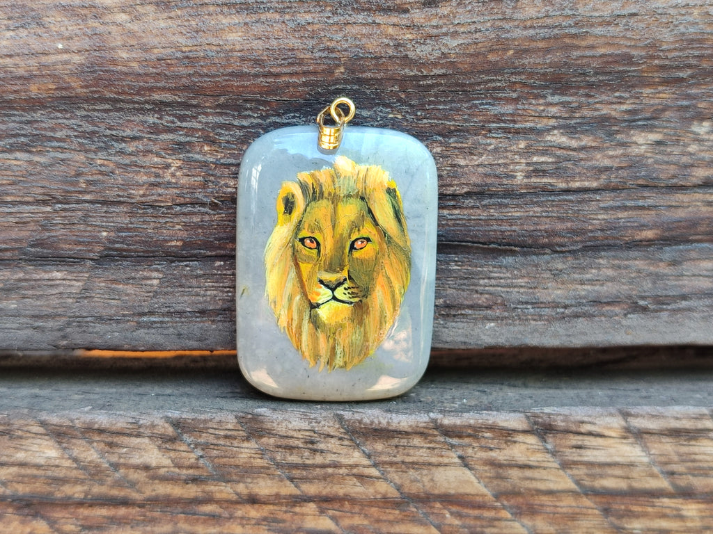Polished Polychrome Jasper Pendant with Hand Painted Lion - sold per item - From Madagascar - Toprock Gemstones and Minerals 