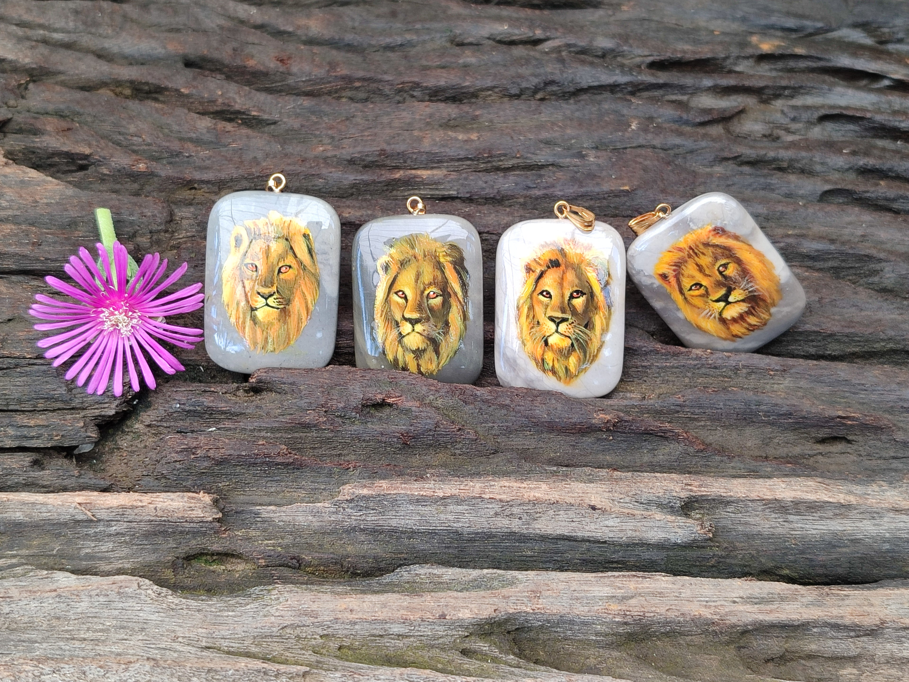 Polished Polychrome Jasper Pendant with Hand Painted Lion - sold per item - From Madagascar - Toprock Gemstones and Minerals 