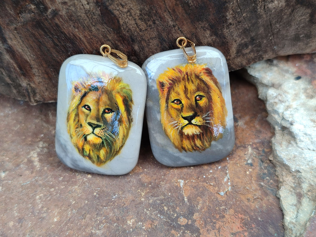 Polished Polychrome Jasper Pendant with Hand Painted Lion - sold per item - From Madagascar - Toprock Gemstones and Minerals 