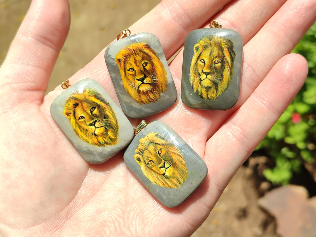 Polished Polychrome Jasper Pendant with Hand Painted Lion - sold per item - From Madagascar - Toprock Gemstones and Minerals 