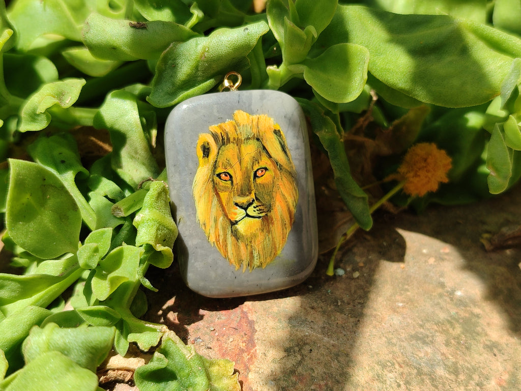 Polished Polychrome Jasper Pendant with Hand Painted Lion - sold per item - From Madagascar - Toprock Gemstones and Minerals 