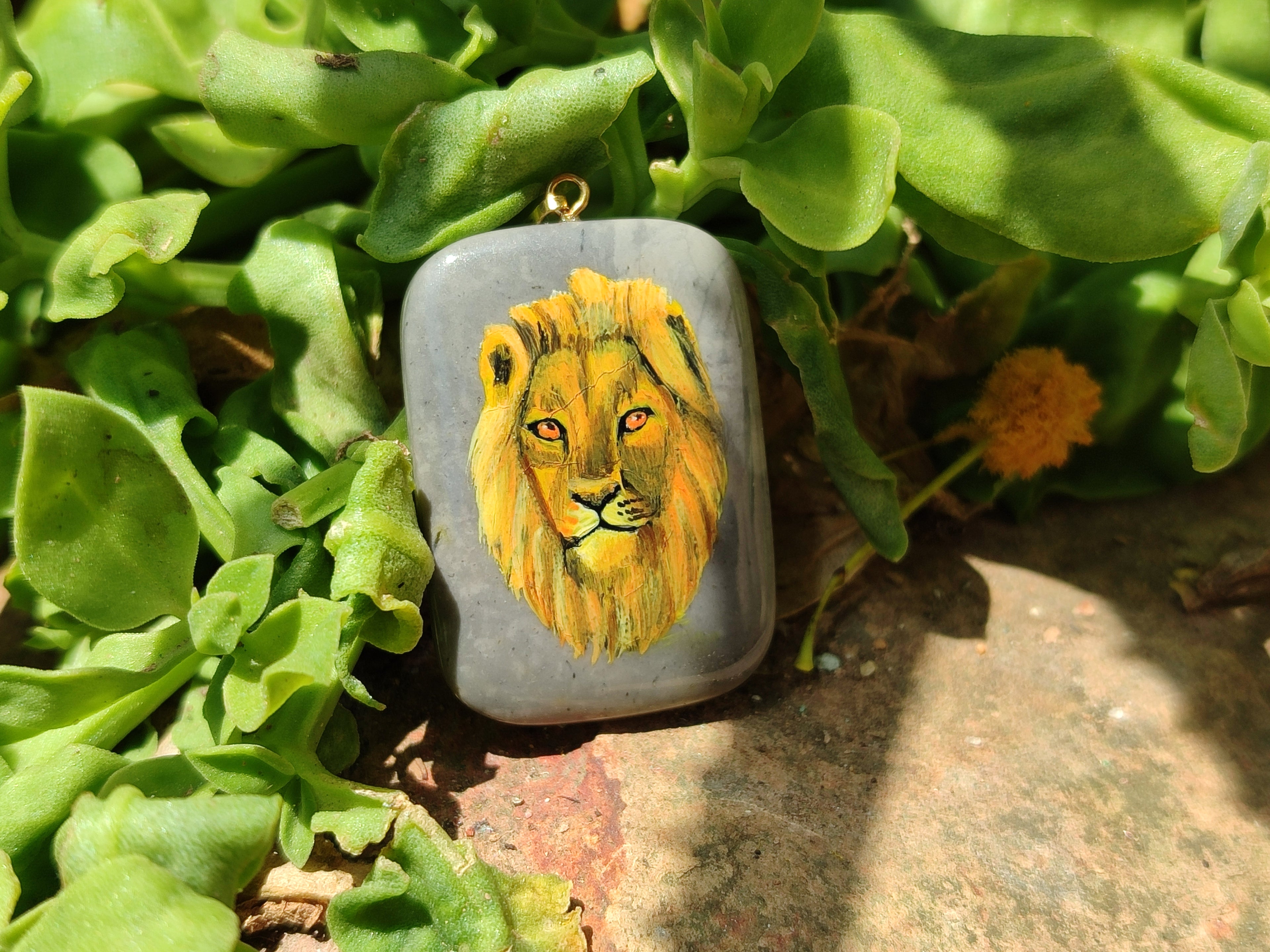 Polished Polychrome Jasper Pendant with Hand Painted Lion - sold per item - From Madagascar - Toprock Gemstones and Minerals 