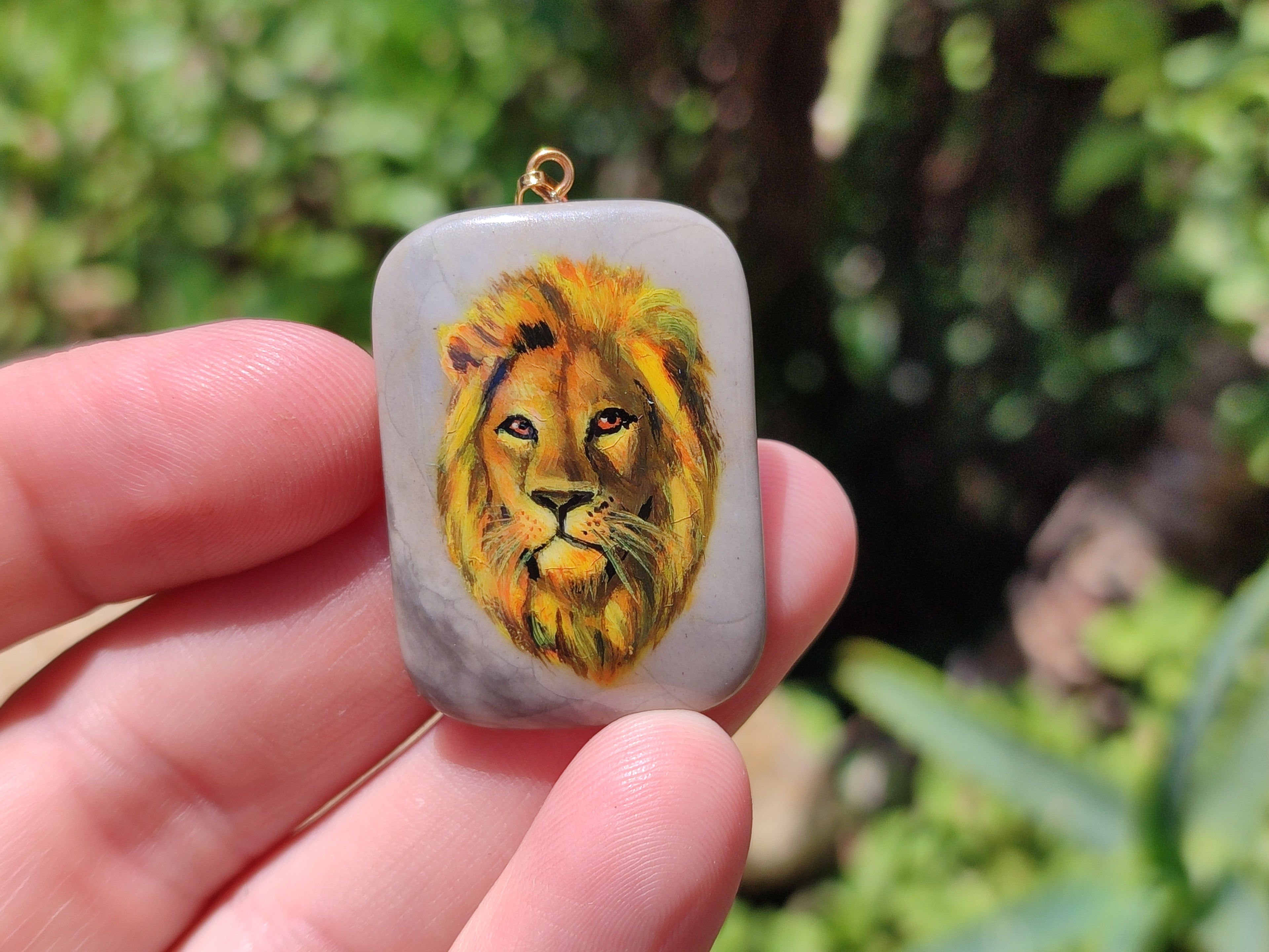 Polished Polychrome Jasper Pendant with Hand Painted Lion - sold per item - From Madagascar - Toprock Gemstones and Minerals 