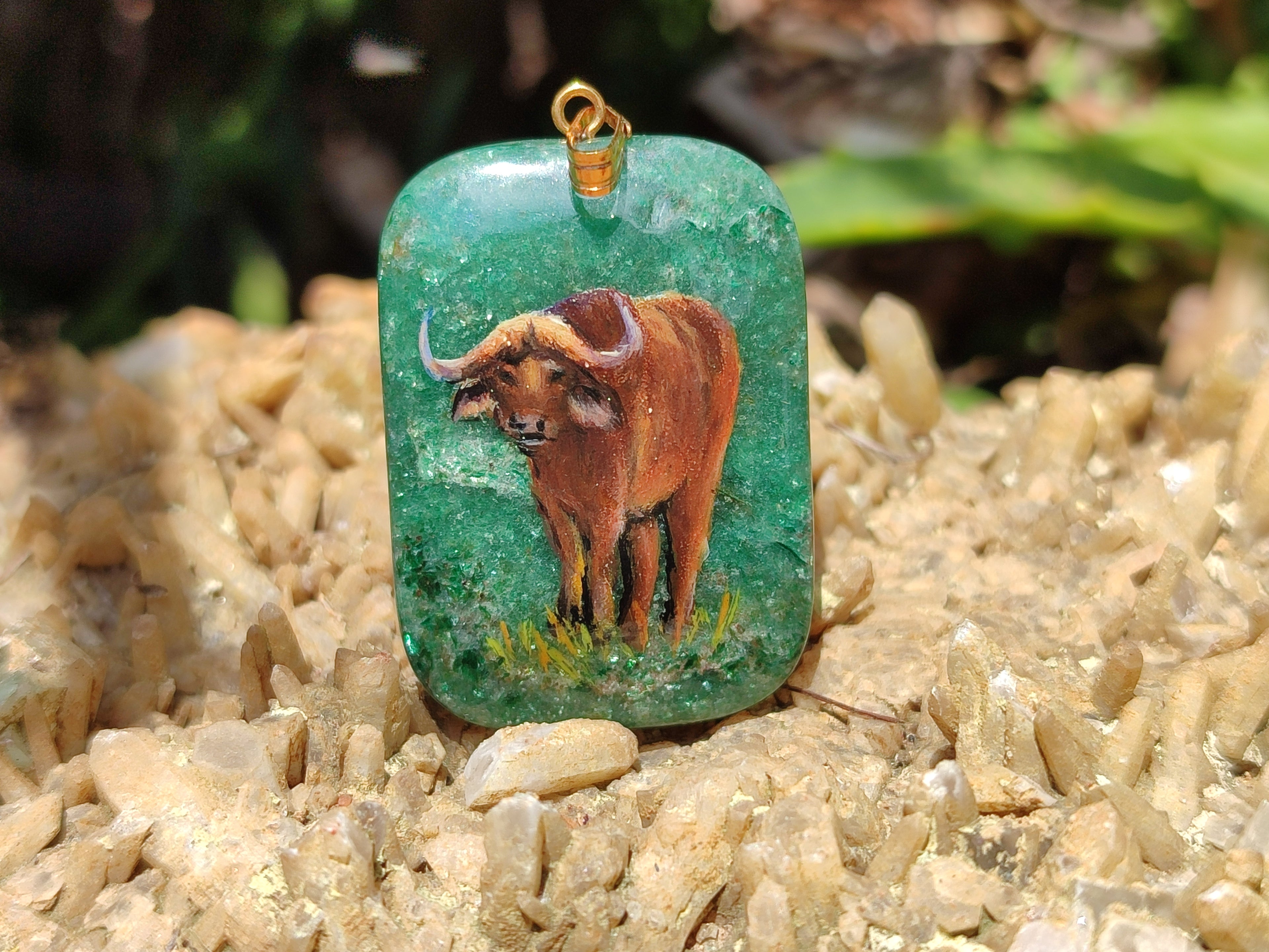 Polished Aventurine Pendant with Hand Painted Buffalo - Sold Per Item - From Zimbabwe - Toprock Gemstones and Minerals 