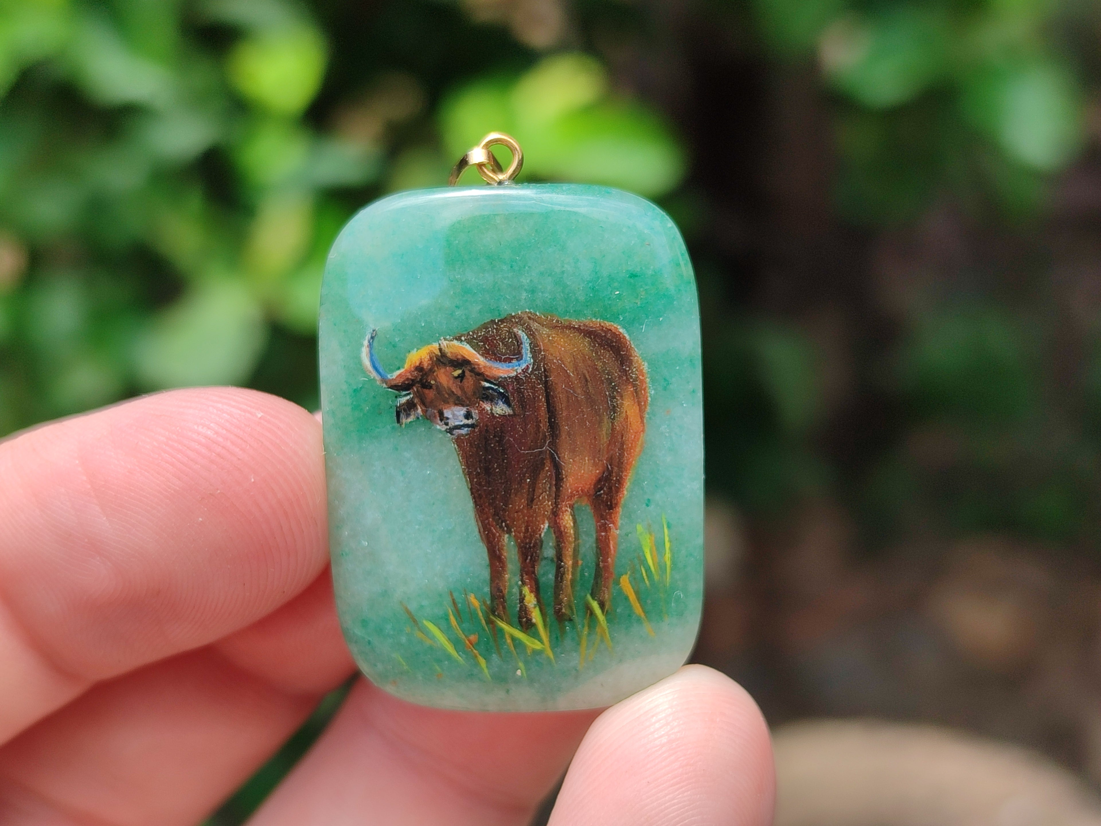 Polished Aventurine Pendant with Hand Painted Buffalo - Sold Per Item - From Zimbabwe - Toprock Gemstones and Minerals 
