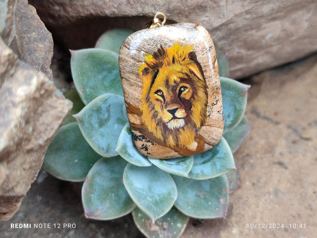 Polished Picture Stone Pendant with Hand Painted Lion - Sold Per Item - From Namibia - Toprock Gemstones and Minerals 