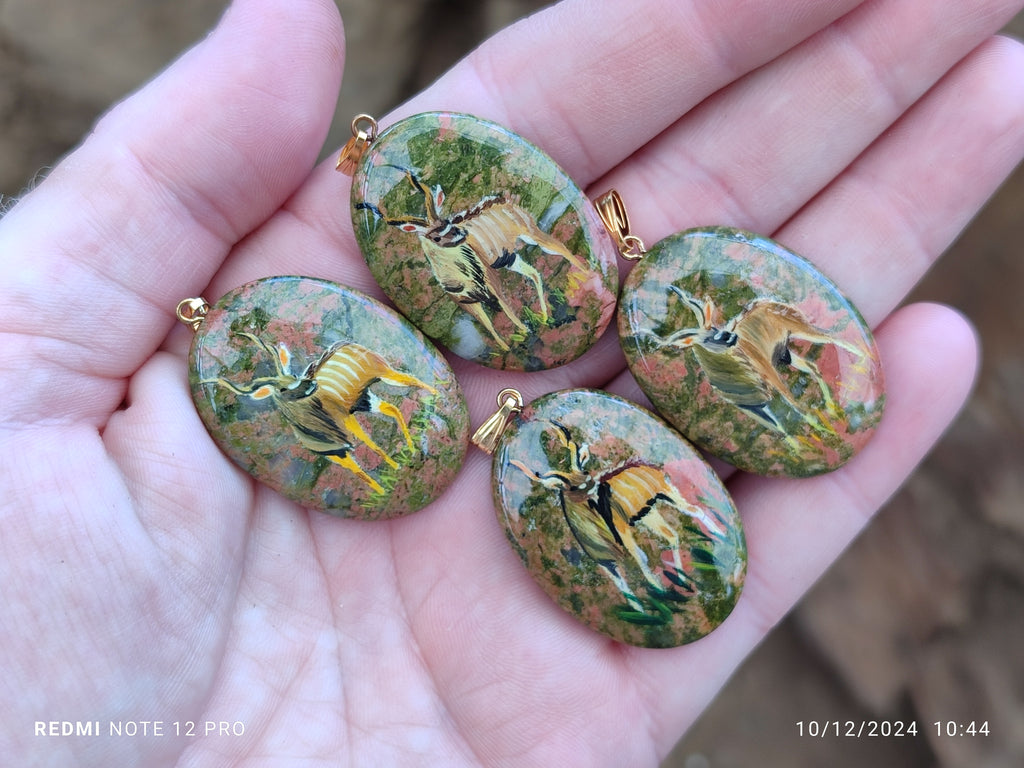 Polished Unakite Pendant with Hand Painted Kudu - Sold Per Item - From South Africa - Toprock Gemstones and Minerals 