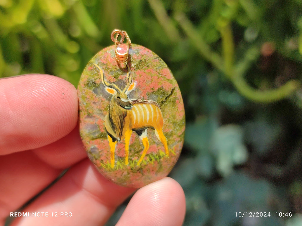 Polished Unakite Pendant with Hand Painted Kudu - Sold Per Item - From South Africa - Toprock Gemstones and Minerals 