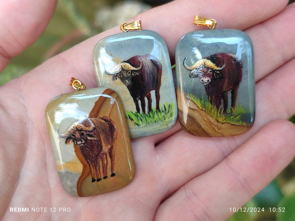 Polished Polychrome Jasper Pendant with Hand Painted Buffalo - sold per item - From Madagascar - Toprock Gemstones and Minerals 