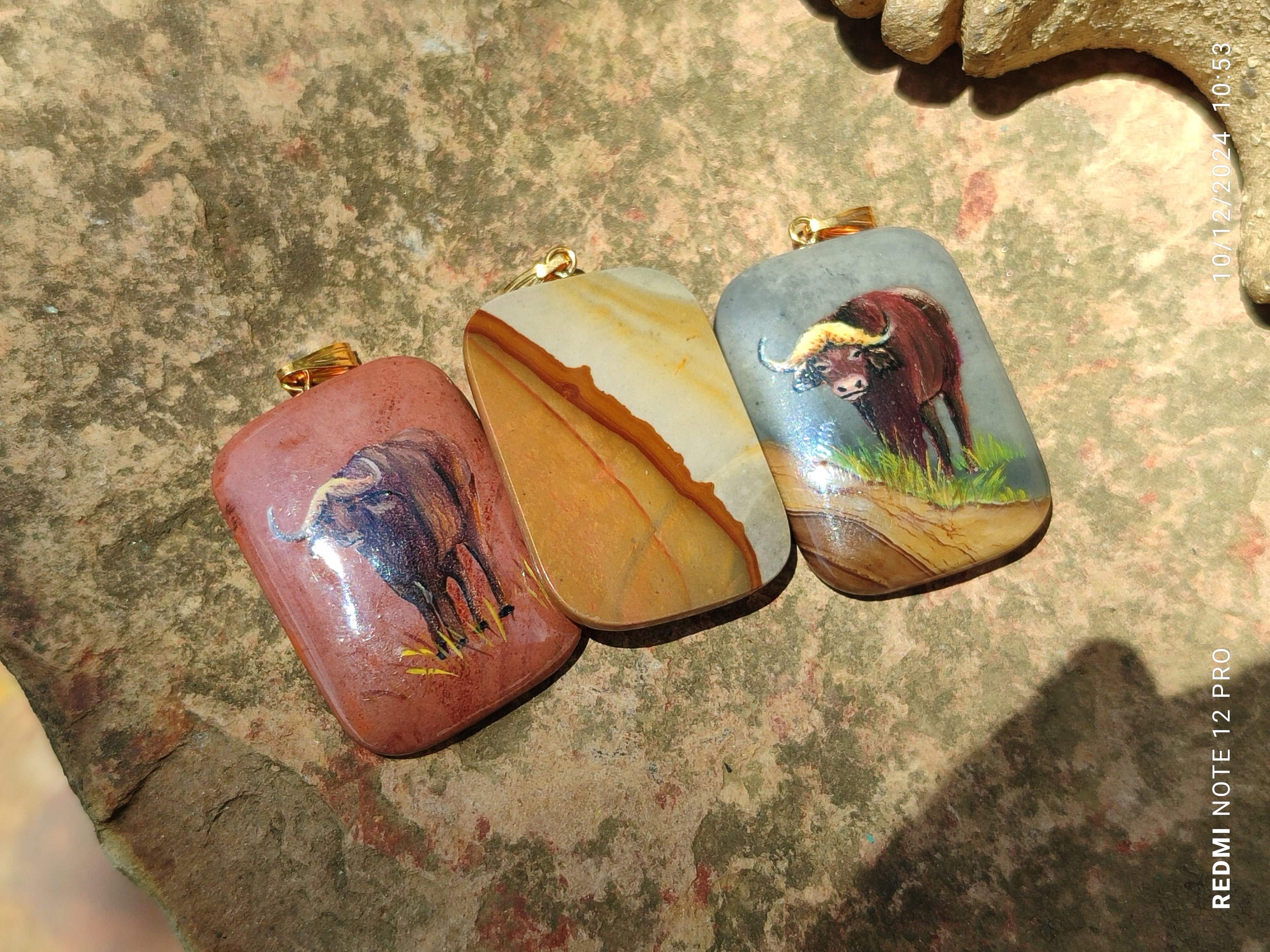 Polished Polychrome Jasper Pendant with Hand Painted Buffalo - sold per item - From Madagascar - Toprock Gemstones and Minerals 