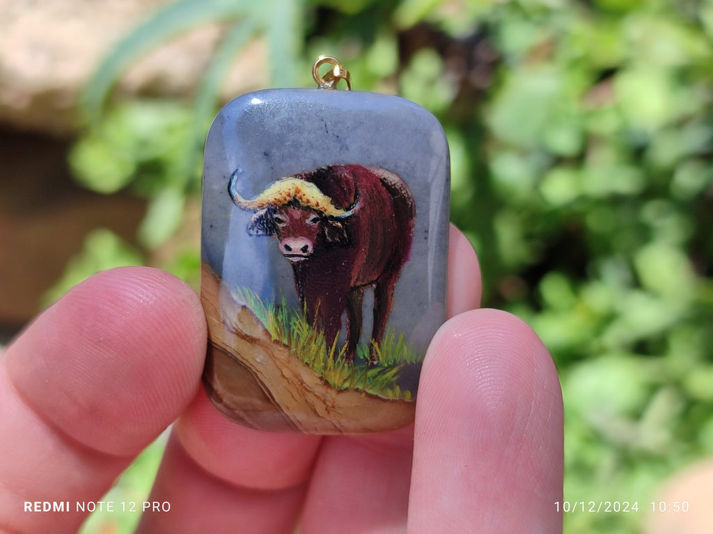 Polished Polychrome Jasper Pendant with Hand Painted Buffalo - sold per item - From Madagascar - Toprock Gemstones and Minerals 