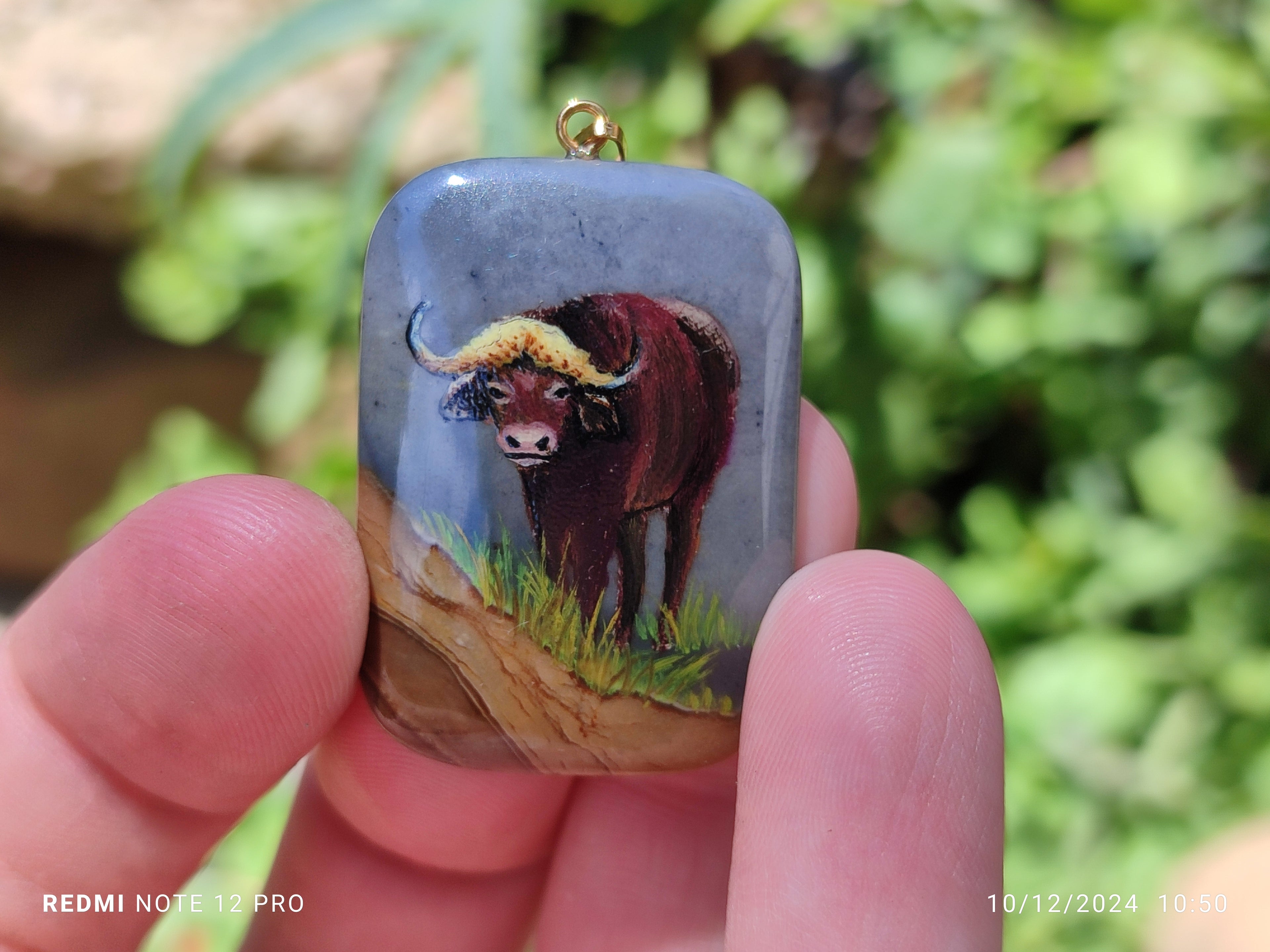 Polished Polychrome Jasper Pendant with Hand Painted Buffalo - sold per item - From Madagascar - Toprock Gemstones and Minerals 