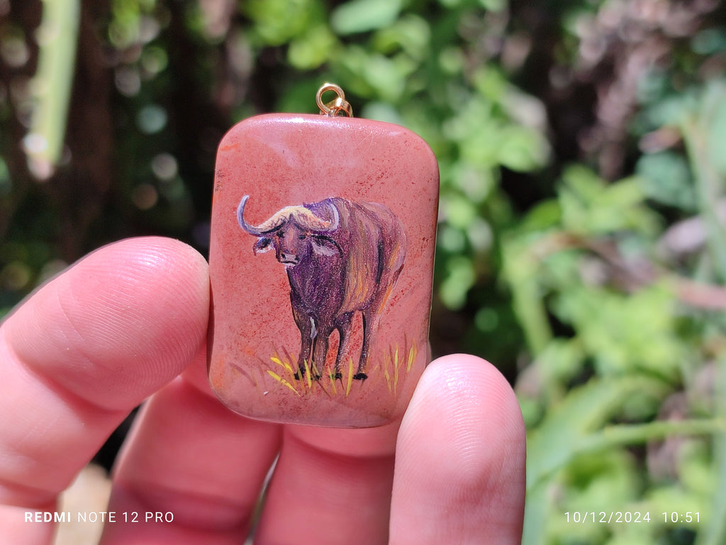Polished Polychrome Jasper Pendant with Hand Painted Buffalo - sold per item - From Madagascar - Toprock Gemstones and Minerals 