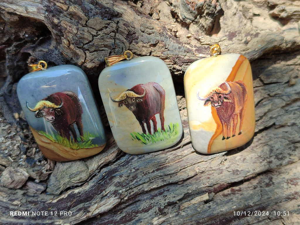 Polished Polychrome Jasper Pendant with Hand Painted Buffalo - sold per item - From Madagascar - Toprock Gemstones and Minerals 