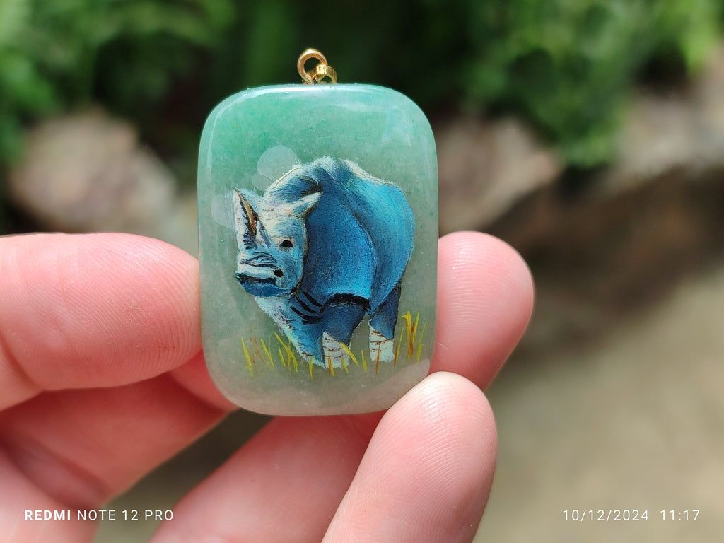 Polished Aventurine Pendant with Hand Painted Rhino - Sold Per Item - From Zimbabwe - Toprock Gemstones and Minerals 