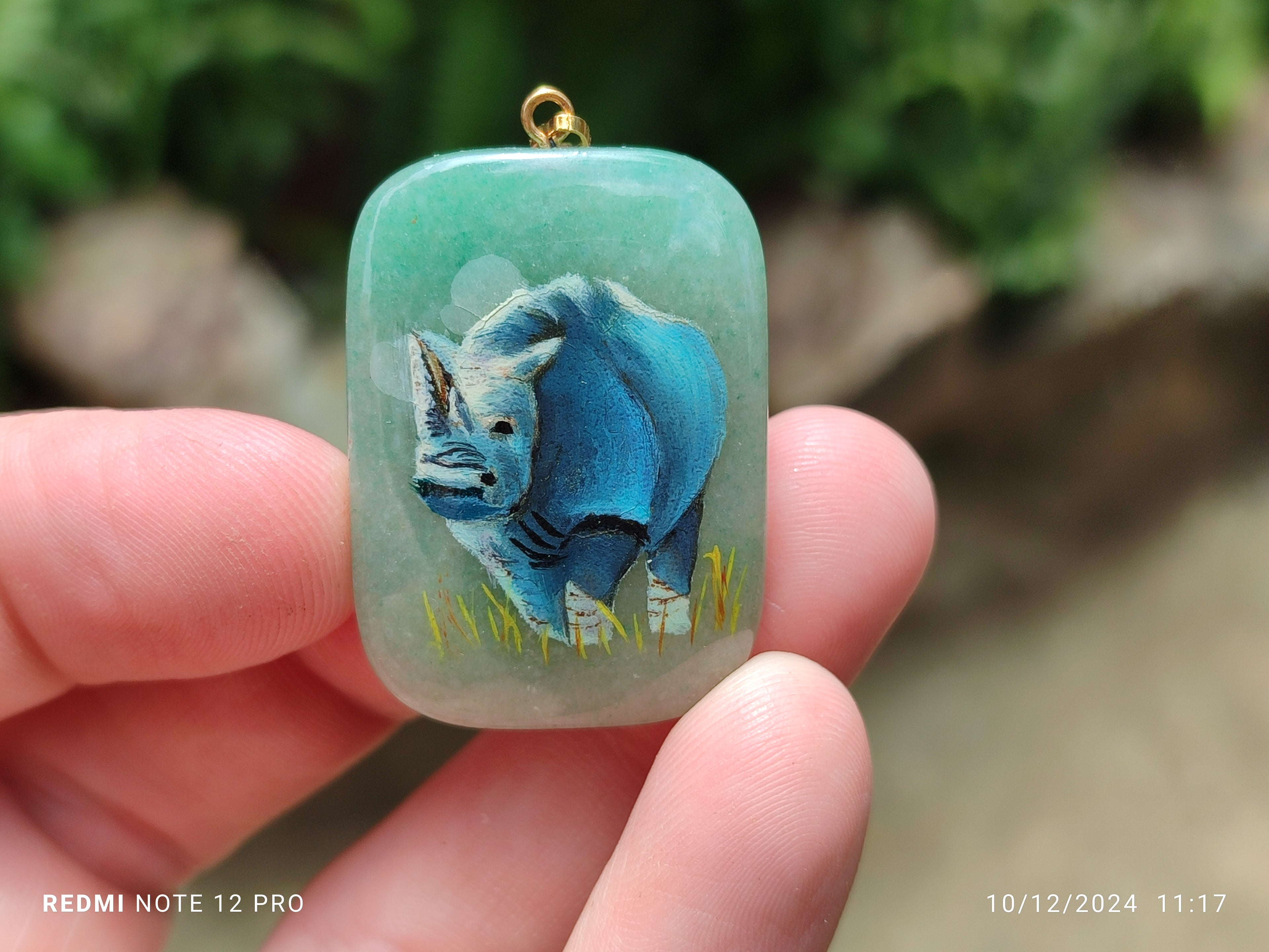 Polished Aventurine Pendant with Hand Painted Rhino - Sold Per Item - From Zimbabwe - Toprock Gemstones and Minerals 
