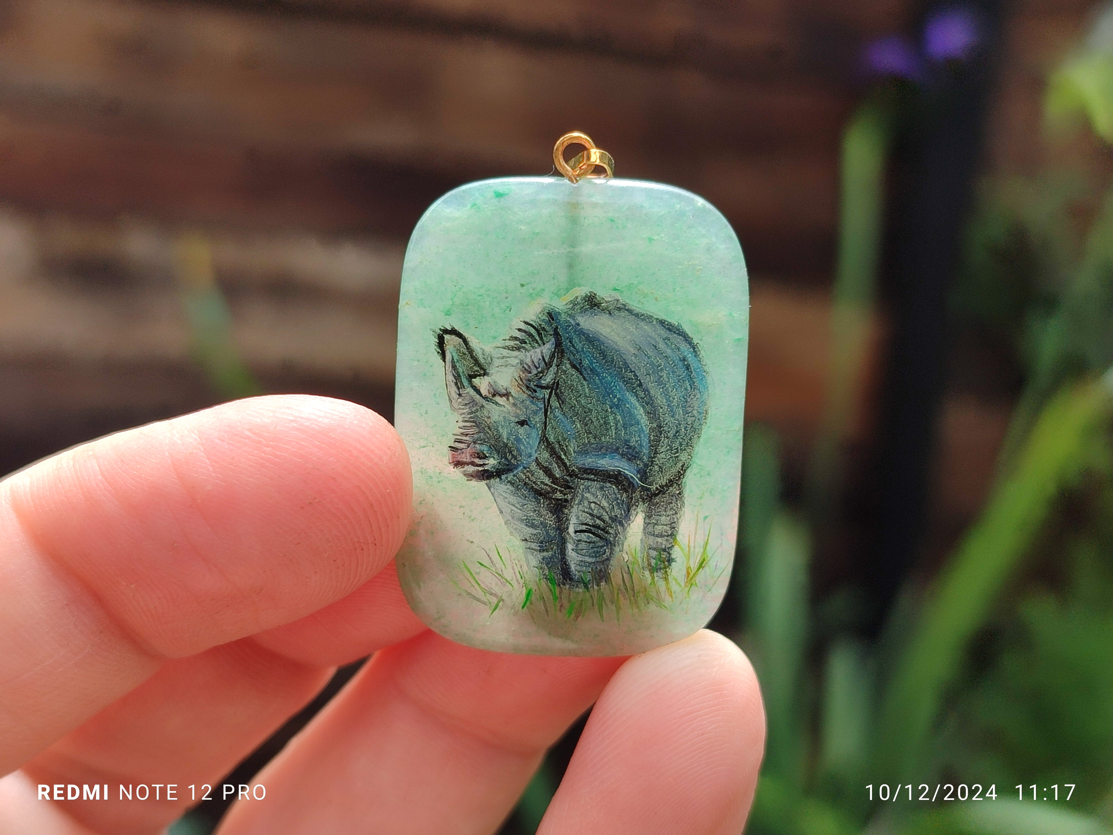 Polished Aventurine Pendant with Hand Painted Rhino - Sold Per Item - From Zimbabwe - Toprock Gemstones and Minerals 
