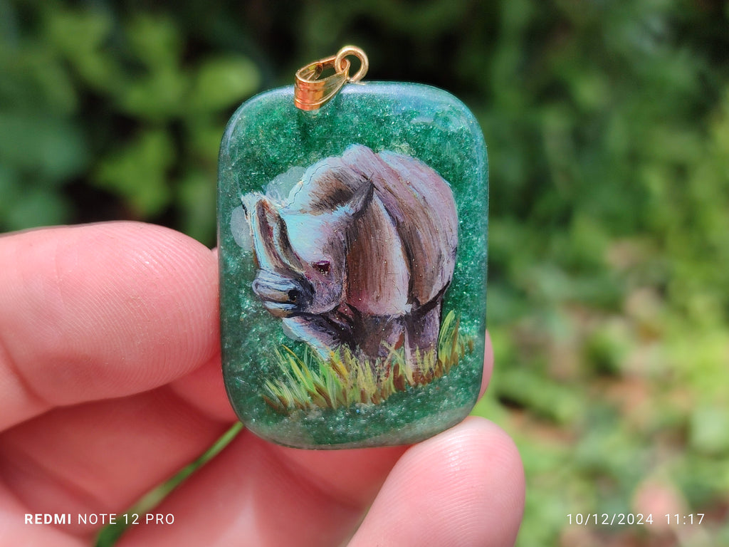 Polished Aventurine Pendant with Hand Painted Rhino - Sold Per Item - From Zimbabwe - Toprock Gemstones and Minerals 