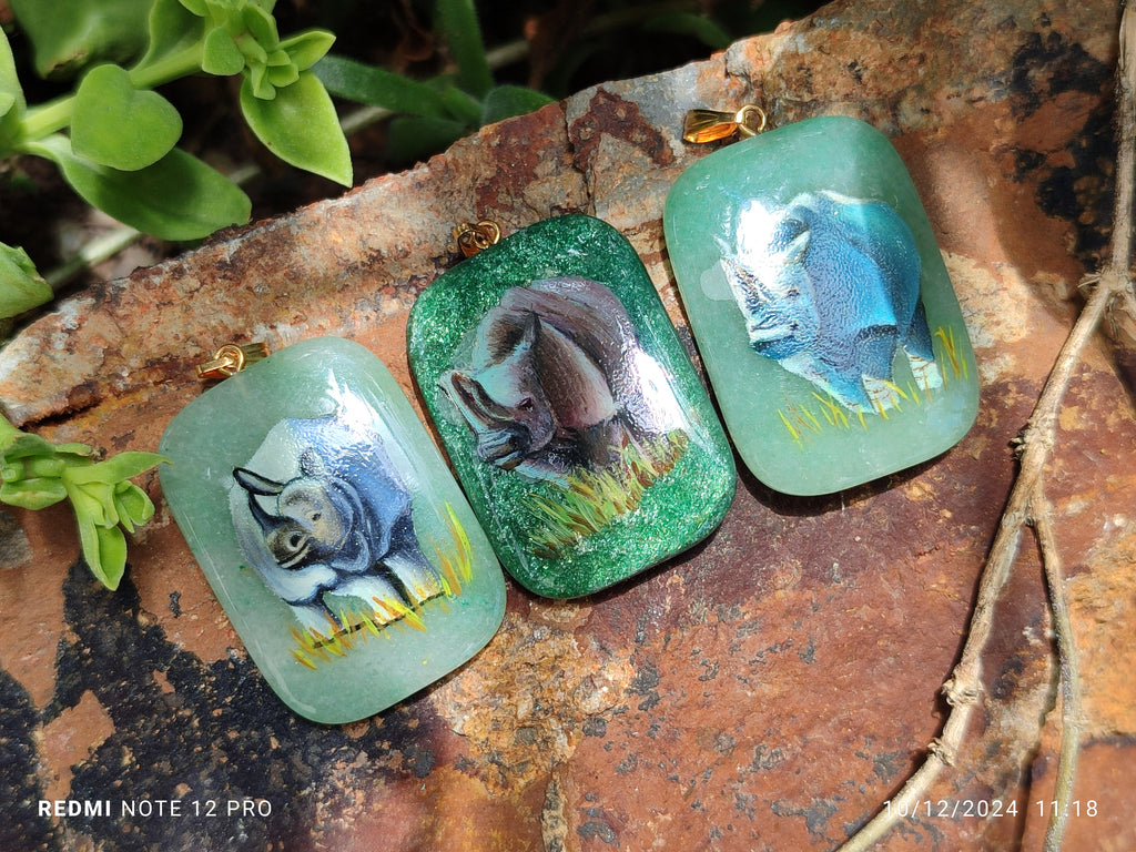 Polished Aventurine Pendant with Hand Painted Rhino - Sold Per Item - From Zimbabwe - Toprock Gemstones and Minerals 