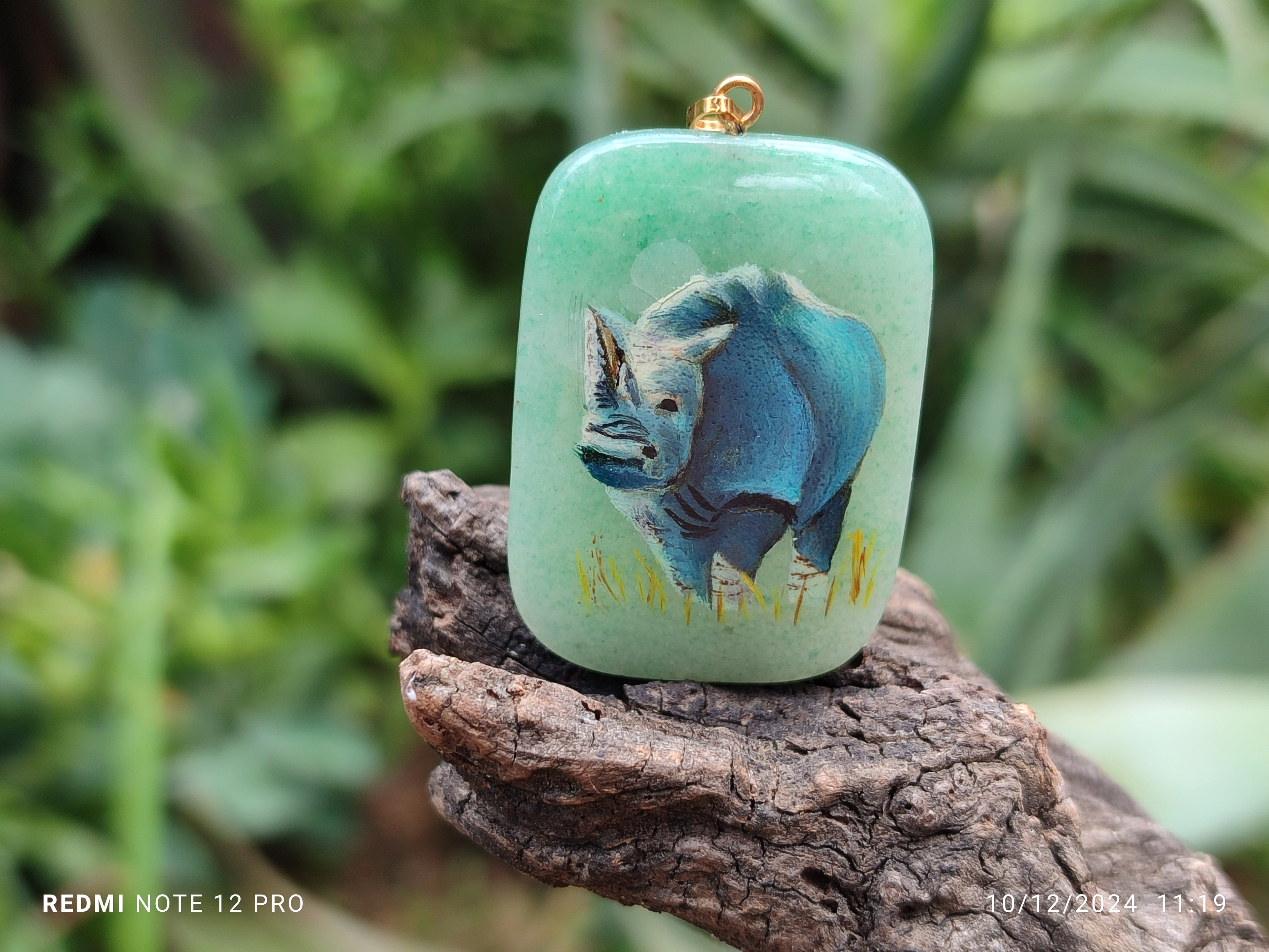 Polished Aventurine Pendant with Hand Painted Rhino - Sold Per Item - From Zimbabwe - Toprock Gemstones and Minerals 