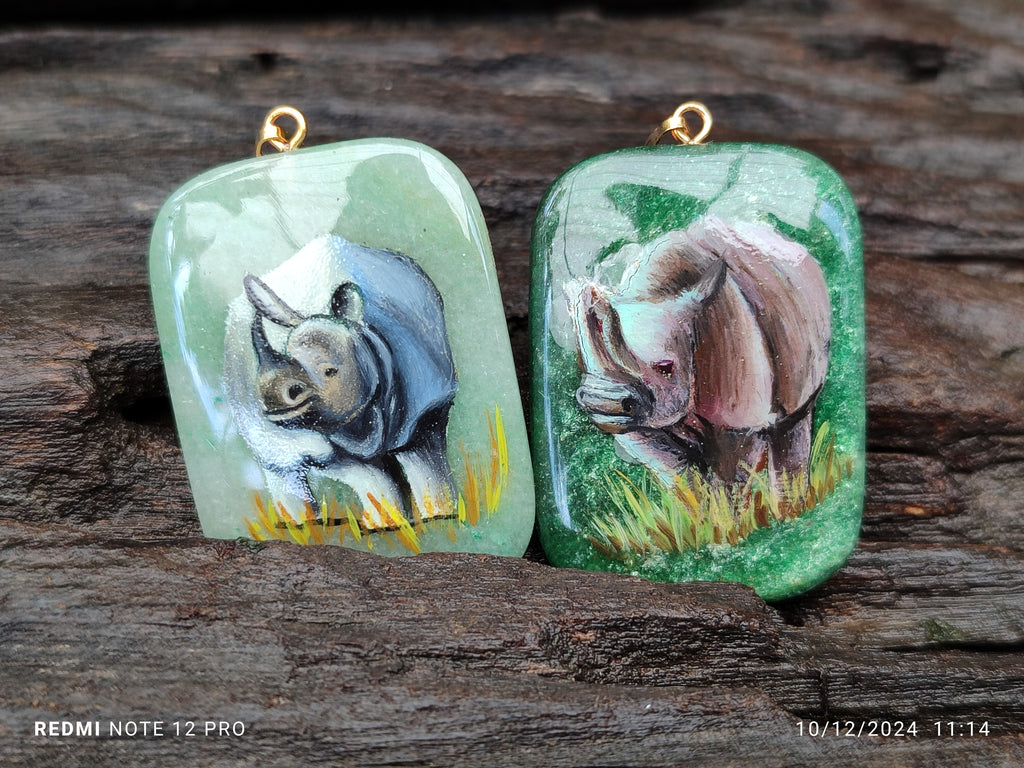 Polished Aventurine Pendant with Hand Painted Rhino - Sold Per Item - From Zimbabwe - Toprock Gemstones and Minerals 