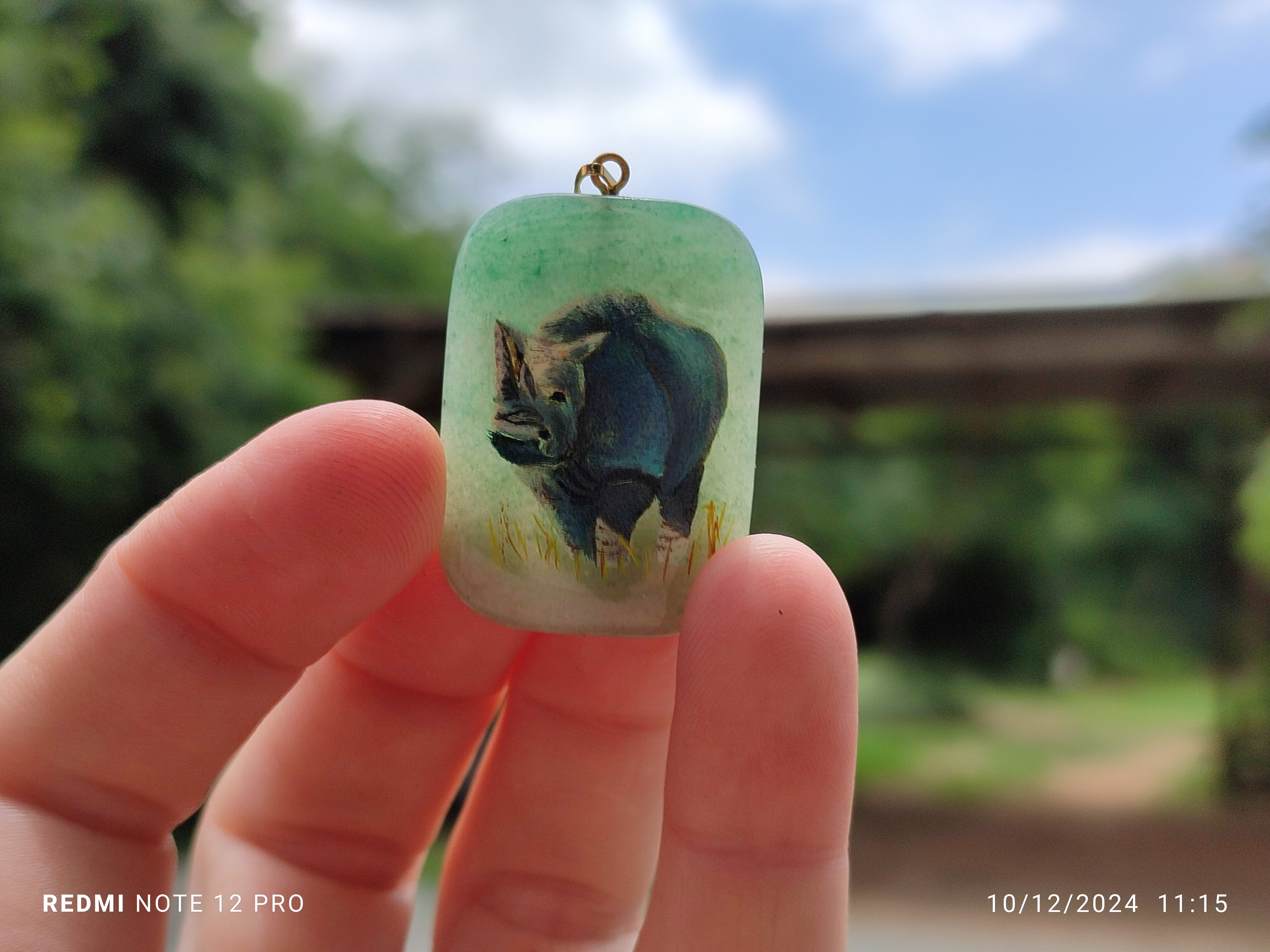 Polished Aventurine Pendant with Hand Painted Rhino - Sold Per Item - From Zimbabwe - Toprock Gemstones and Minerals 