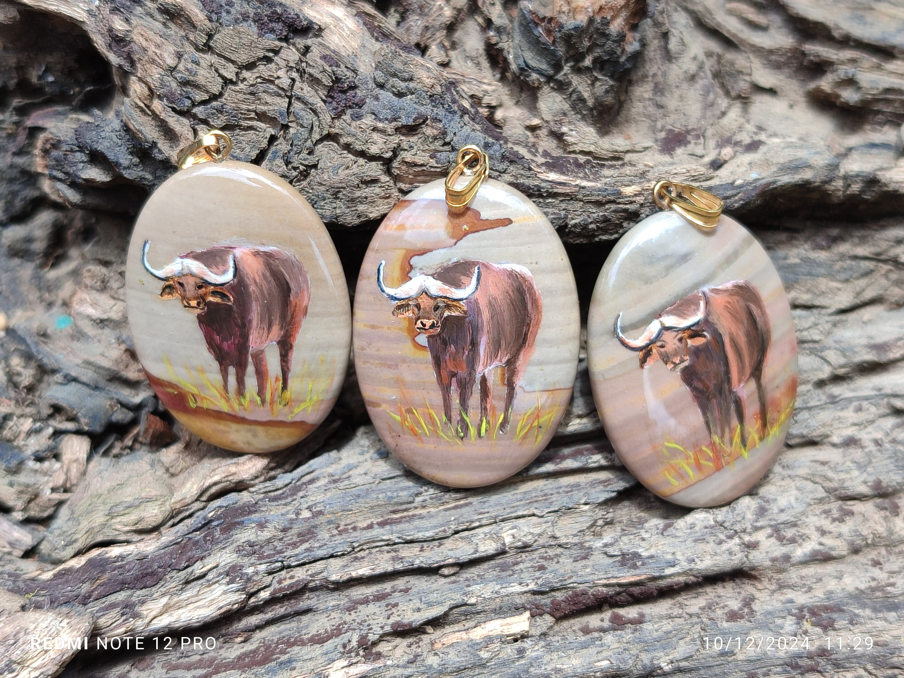 Polished Polychrome Jasper Pendant with Hand Painted Buffalo - sold per item - From Madagascar - Toprock Gemstones and Minerals 