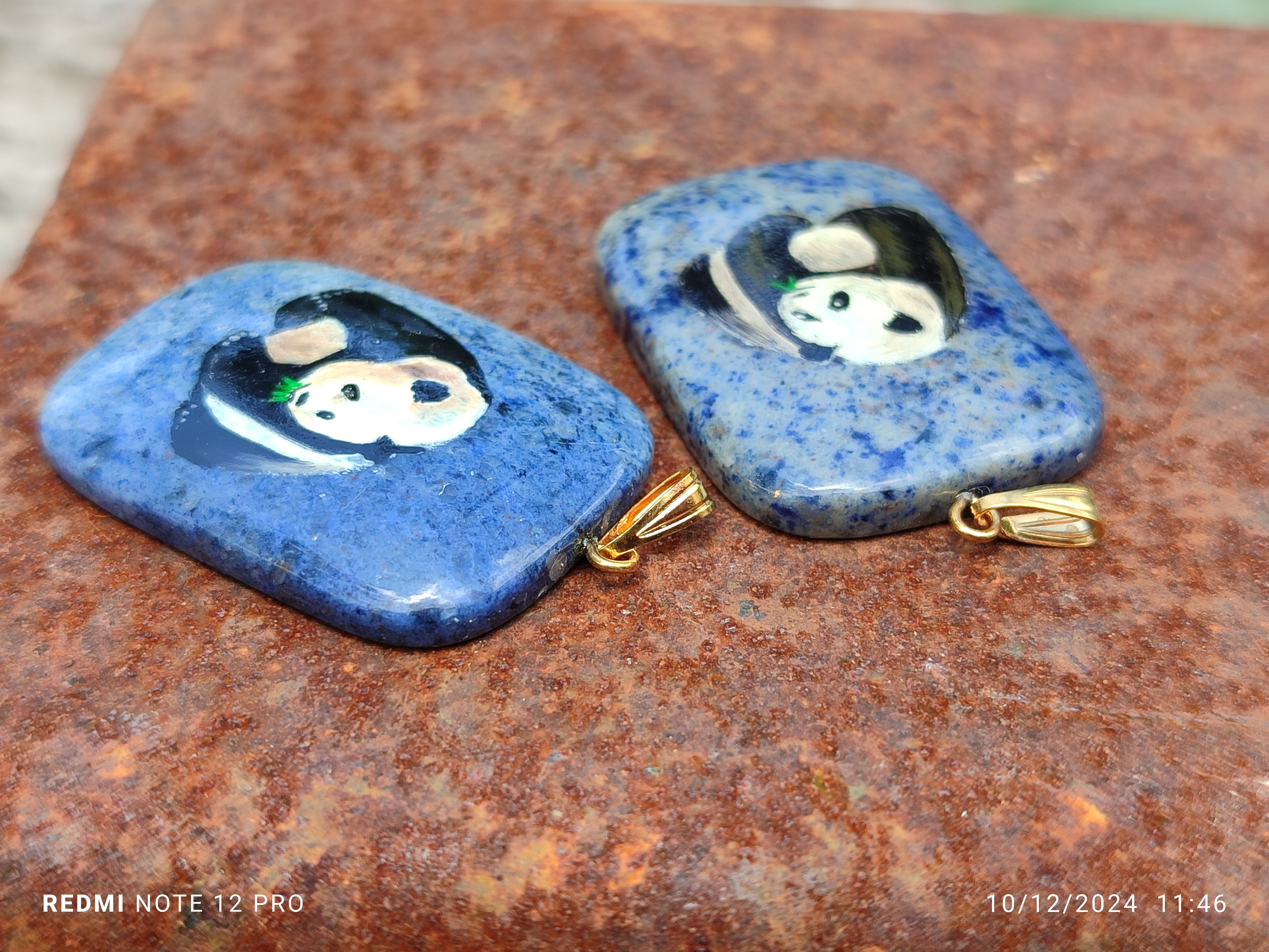 Polished Dumortierite Pendants with Hand Painted Panda - sold per item - From Mozambique - Toprock Gemstones and Minerals 