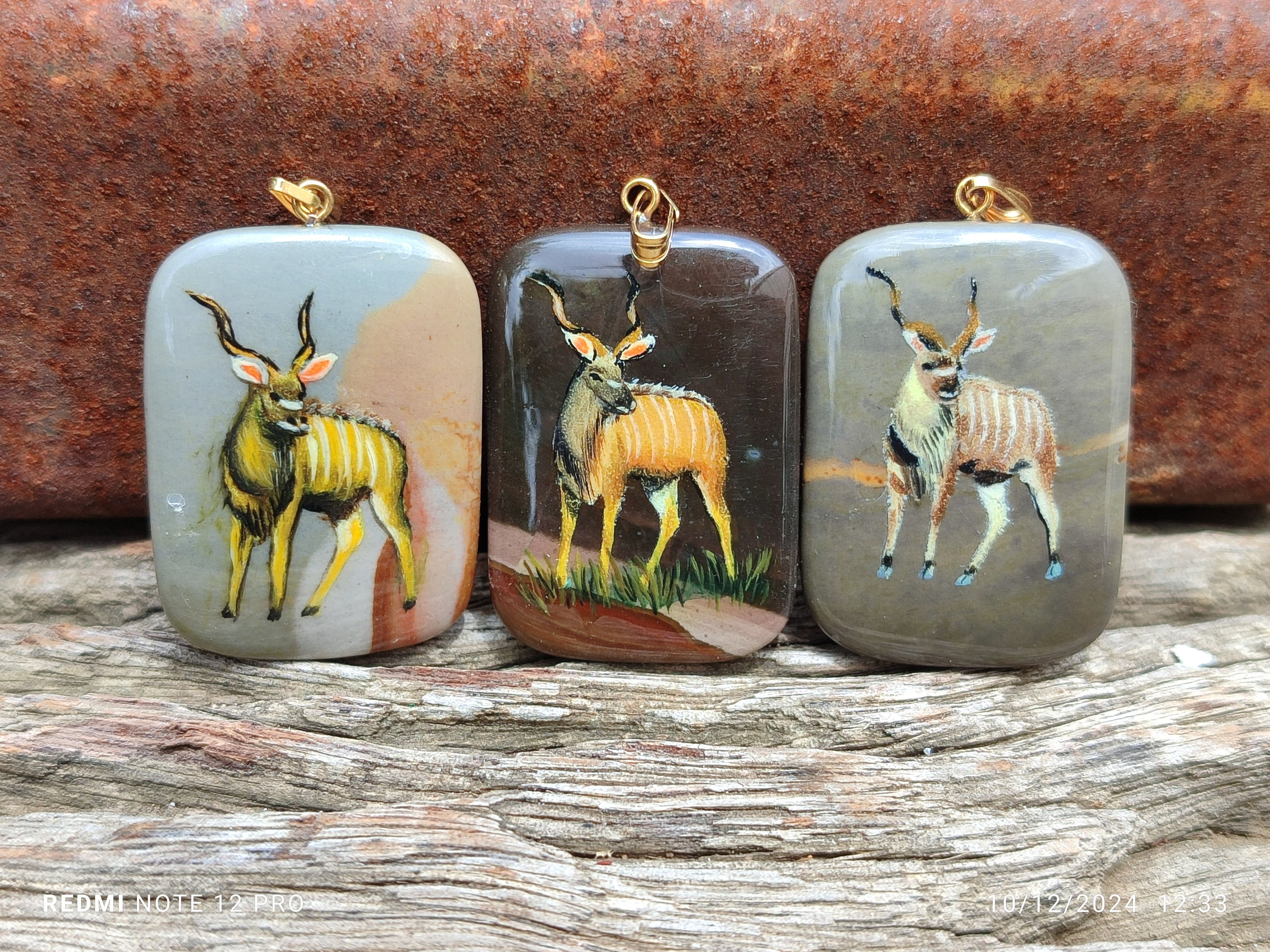 Polished Polychrome Jasper Pendant with Hand Painted Kudu - sold per item - From Madagascar - Toprock Gemstones and Minerals 