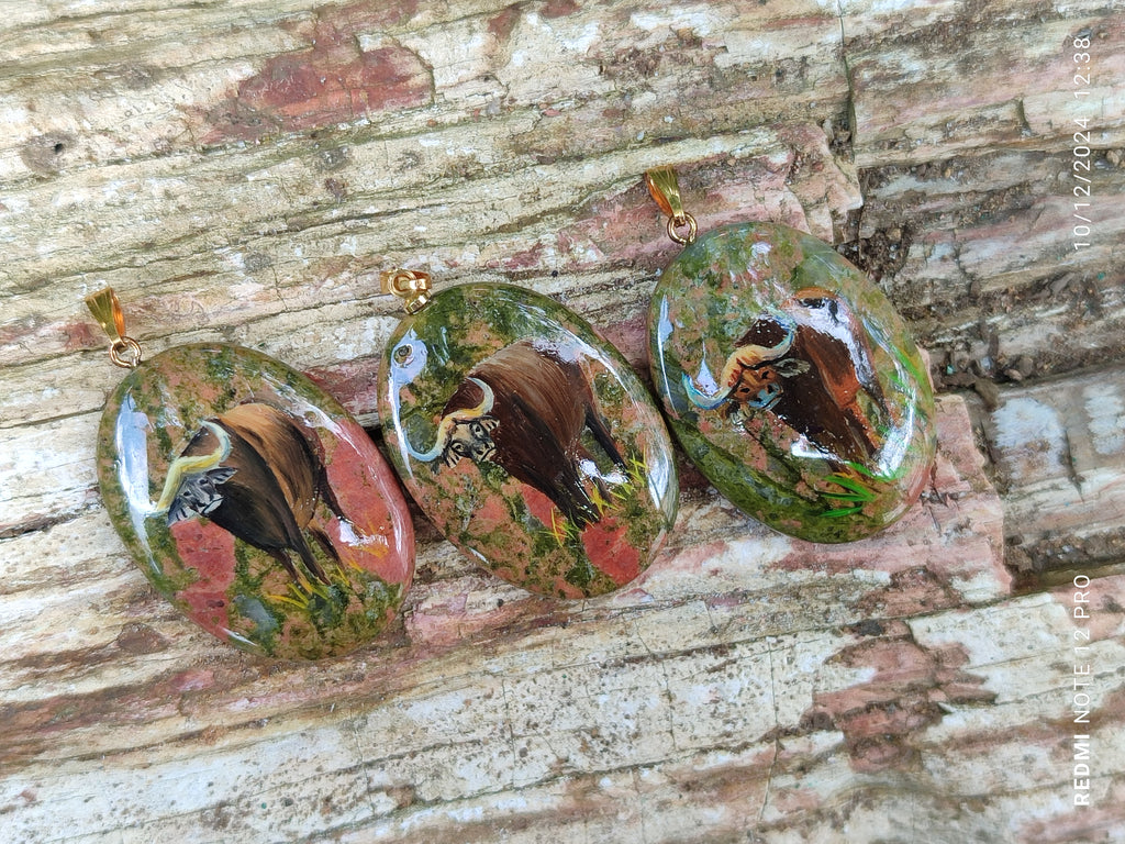 Polished Unakite Pendant with Hand Painted Buffalo - Sold Per Item - From South Africa - Toprock Gemstones and Minerals 